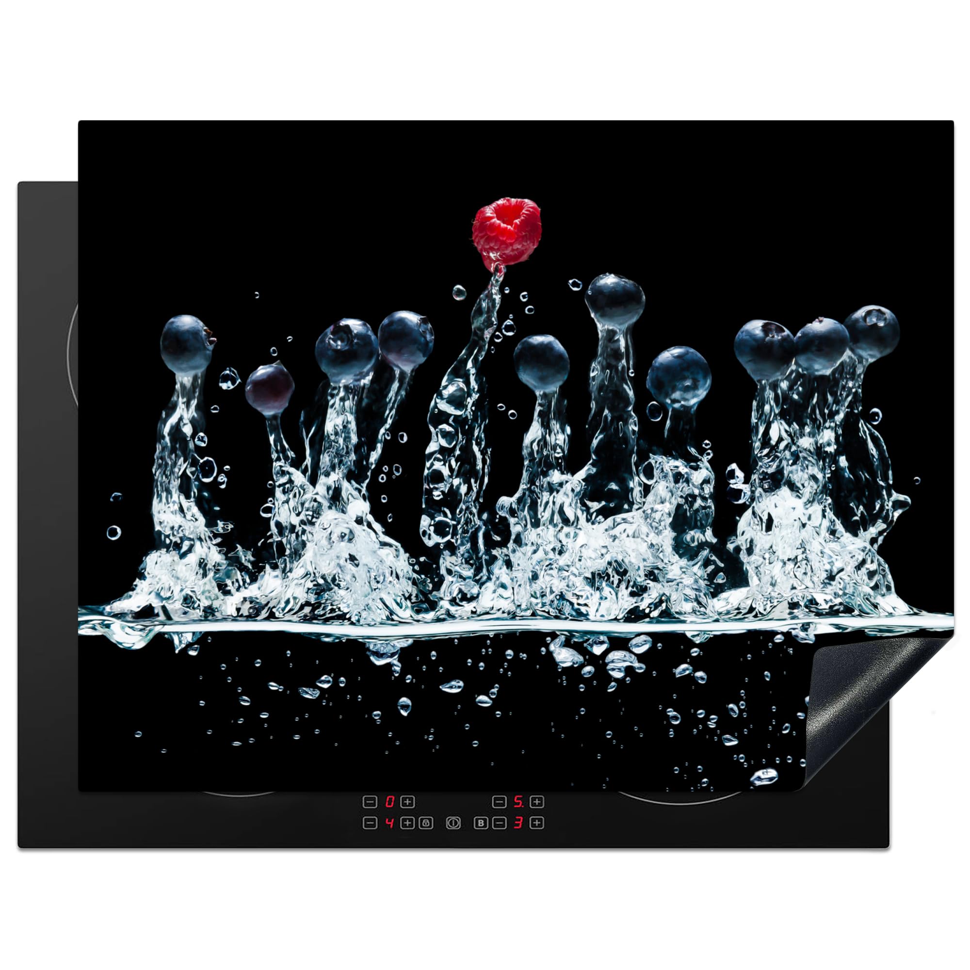 KitchenYeah© Induction Hob Cover Protector Mat 23.2"x30.3" / 77x59 cm Kitchen Universal Ceramic Covers for Electric Cookers Vinyl Berries - Water - Black - Fruit - Raspberry