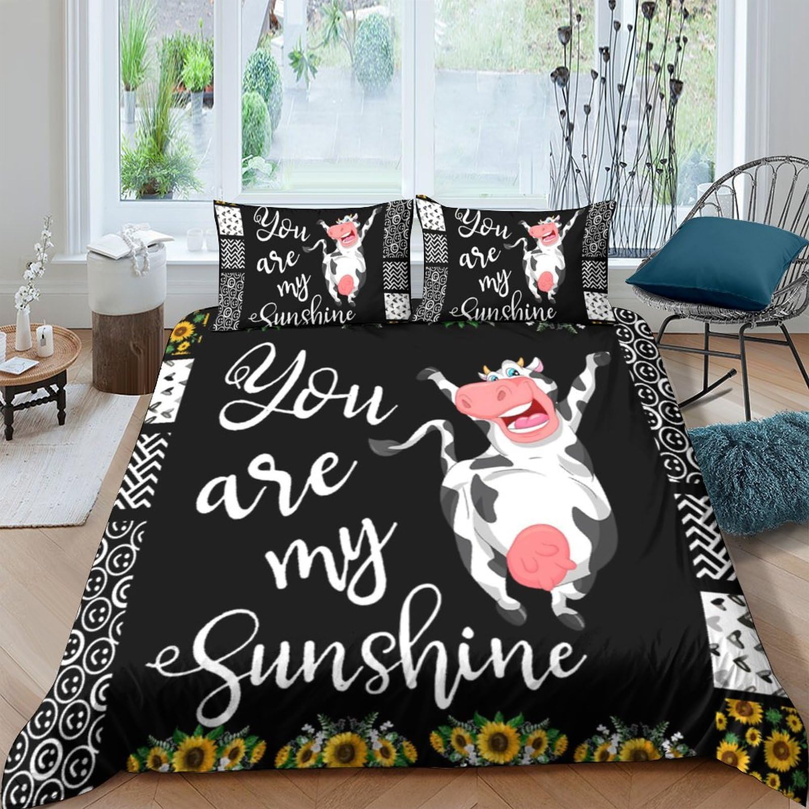 Ctjqhvkz Style-2 3D Printed Cartoon Cow Fitted Sheet Microfiber Black Sunflower Bed Cover Anti-Slip Machine Washable For Bedroom Home Decor Single（135X200cm）