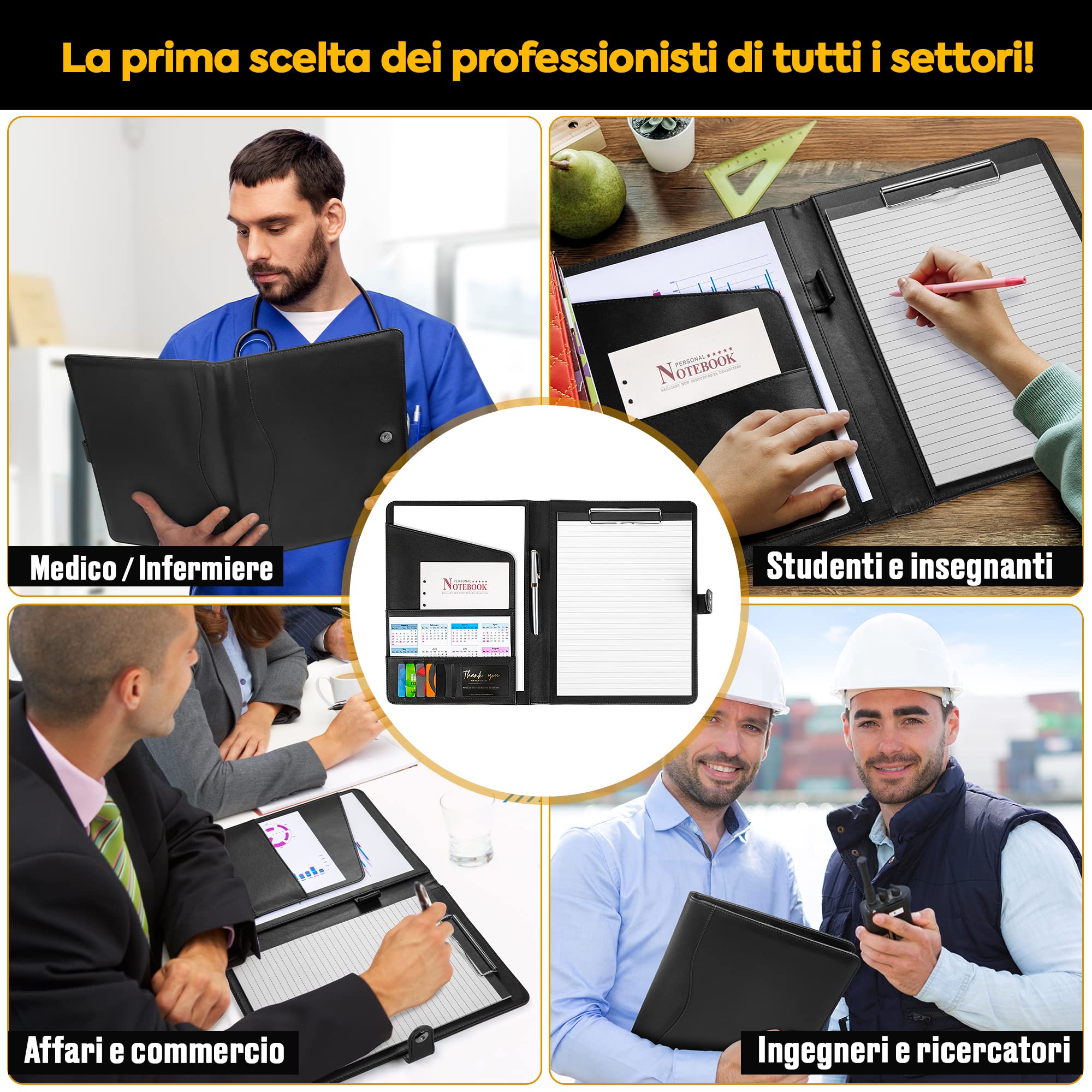 Cartellina Portadocumenti A4 in Pelle PU con Portablocco, Blocco Note, Organizer Documenti e Chiusura Magnetica