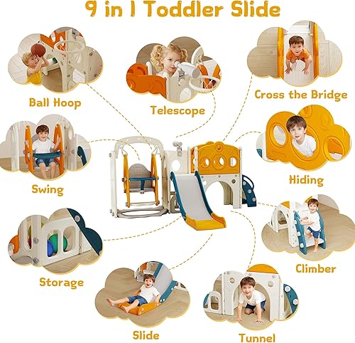 Miniatura 4 de Tobogán, columpio y tobogán para niños pequeños con aro de baloncesto, telescopio para interiores y exteriores, juego de juegos