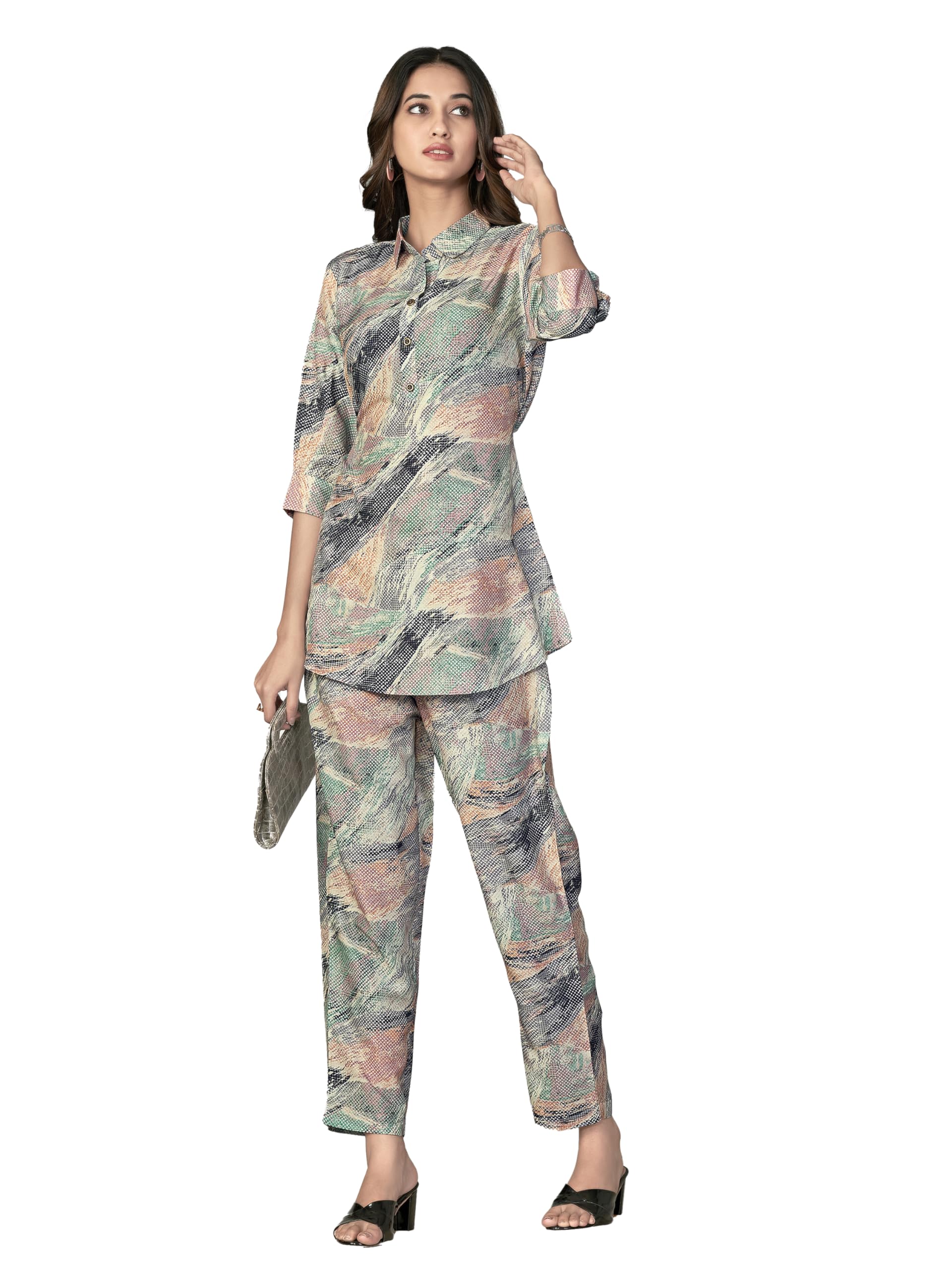 Nainvish Women's Muslin Printed Straight Shirt Collar Co-Ord Top & Pant Set (Sd623_Kb-S_Multicolor)