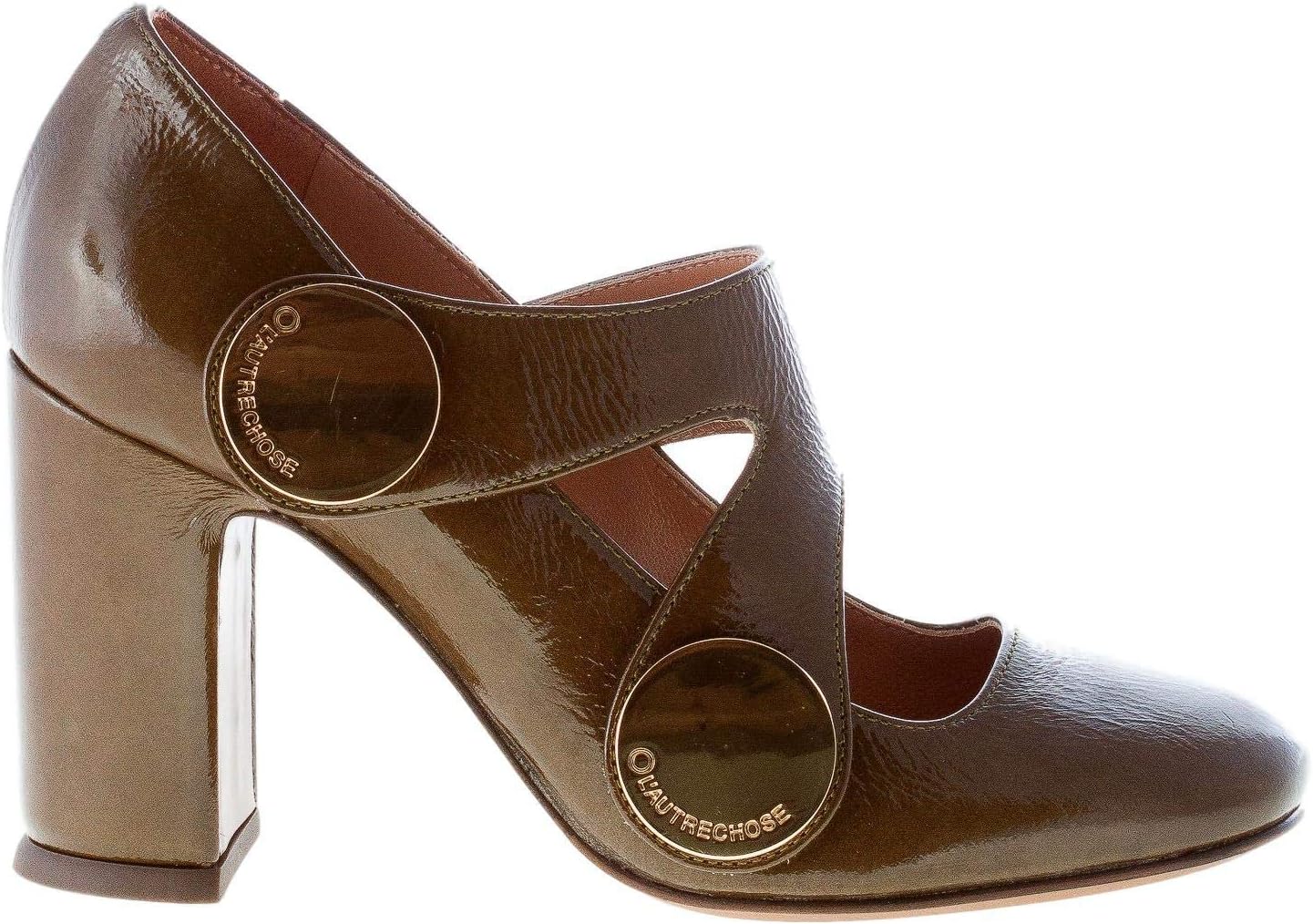 L'Autre Chose Women Shoes Thyme Green Patent Leather Court Shoes Golden Buttons