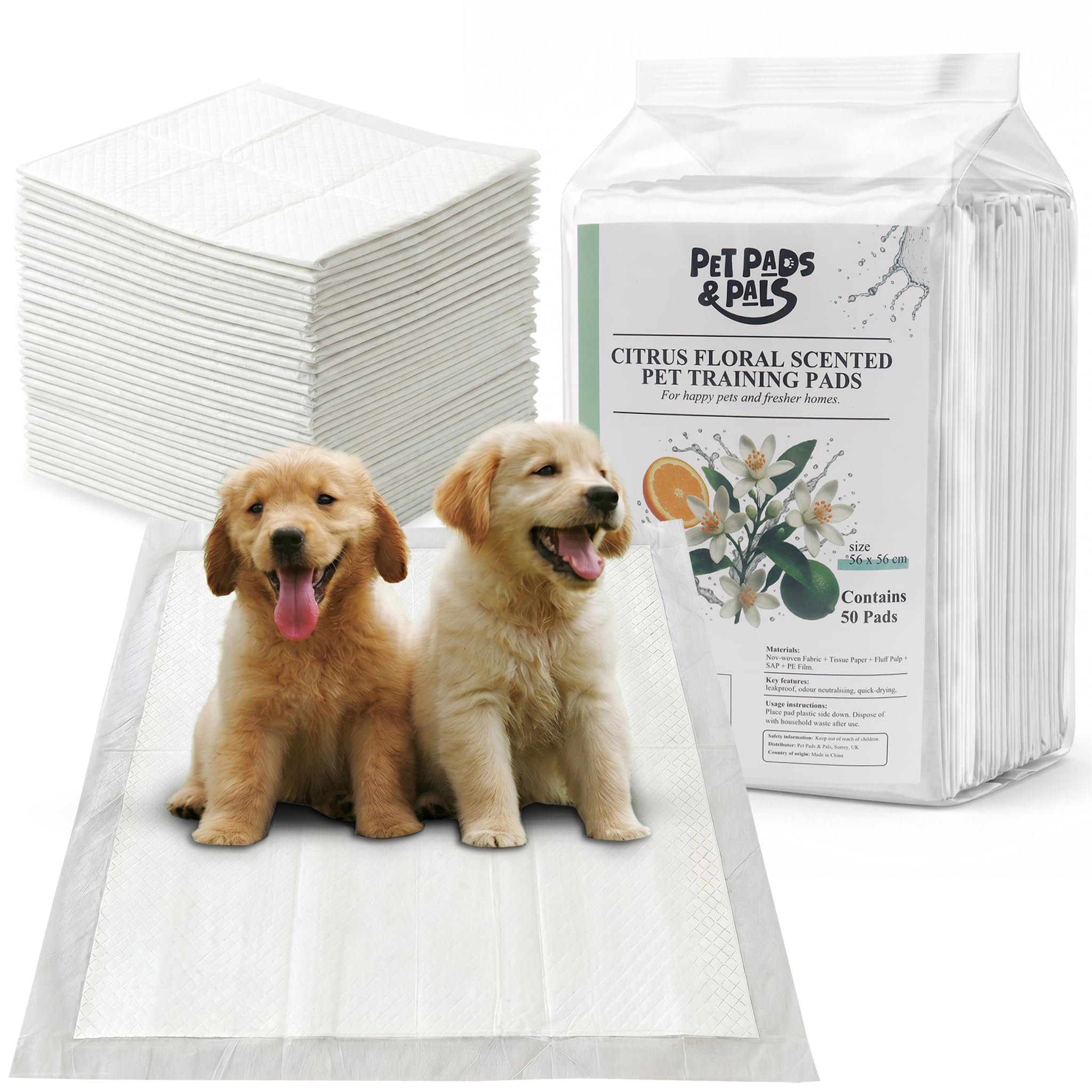 Pet Pads & Pals Citrus Floral Puppy Training Pads, Leakproof Dog Pee Pads With White Border, Fast-Dry Absorbent Training Pads, 56 X 56 Cm, 50 Count (Pack Of 50, Scent)