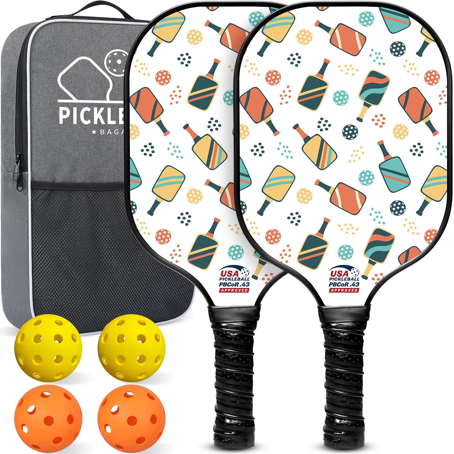 BAGAIL Set di racchette da pickleball, racchette con 4 palline, leggere - Elevato assorbimento degli urti - Ergonomiche, adatte per partite indoor e outdoor