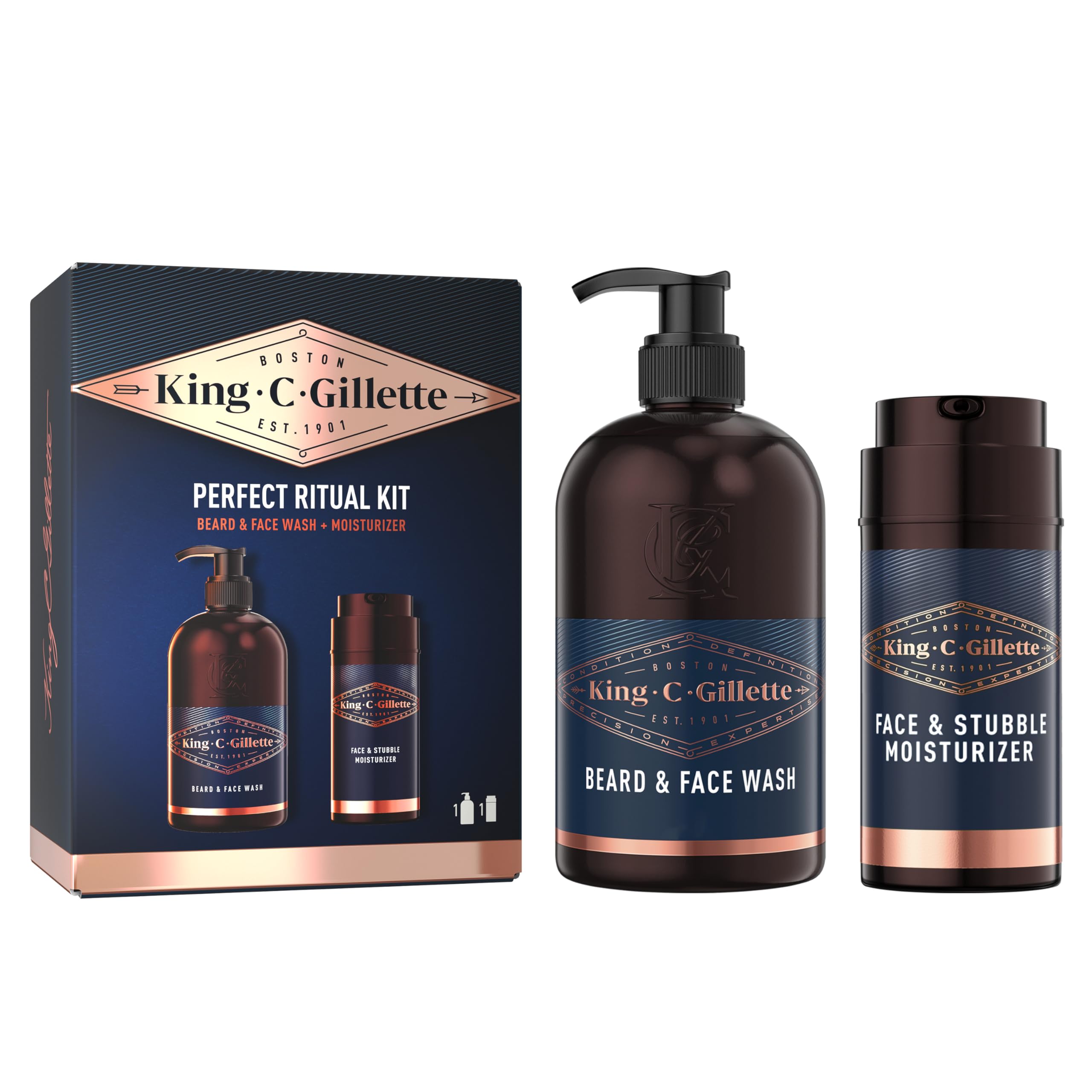 King C. Gillette Kit KIT REGALO COMPLETO PER CURA BARBA UOMO, Crema idratante Viso e Barba, Detergente Viso Uomo, Set Barba Uomo PROFESSIONALE Kit Barba Uomo Detergente+Crema Idratante