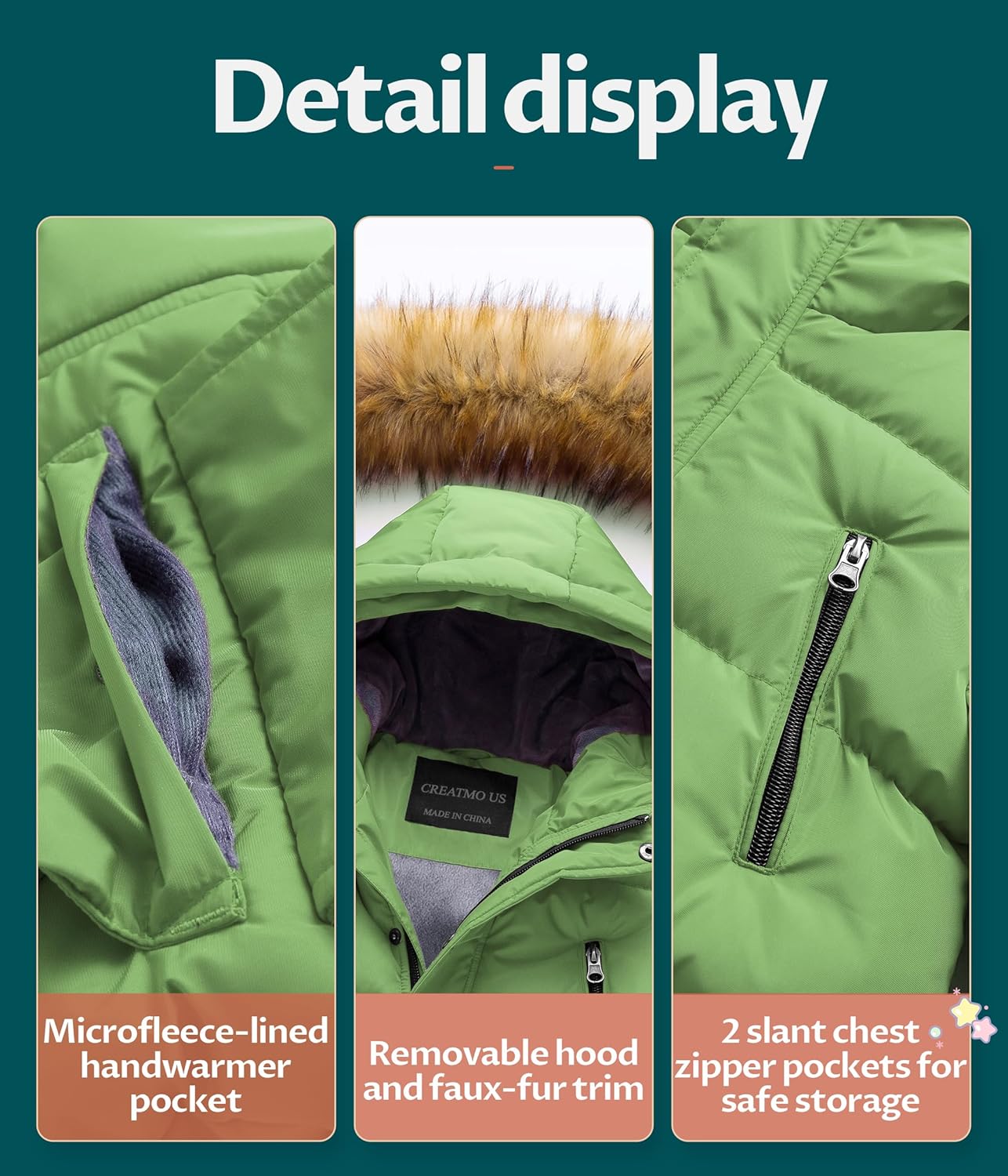 CREATMO US Boy's Winter Parka Water Resistant Hooded Puffer Fleece Lined Jackets Coats - Image 7