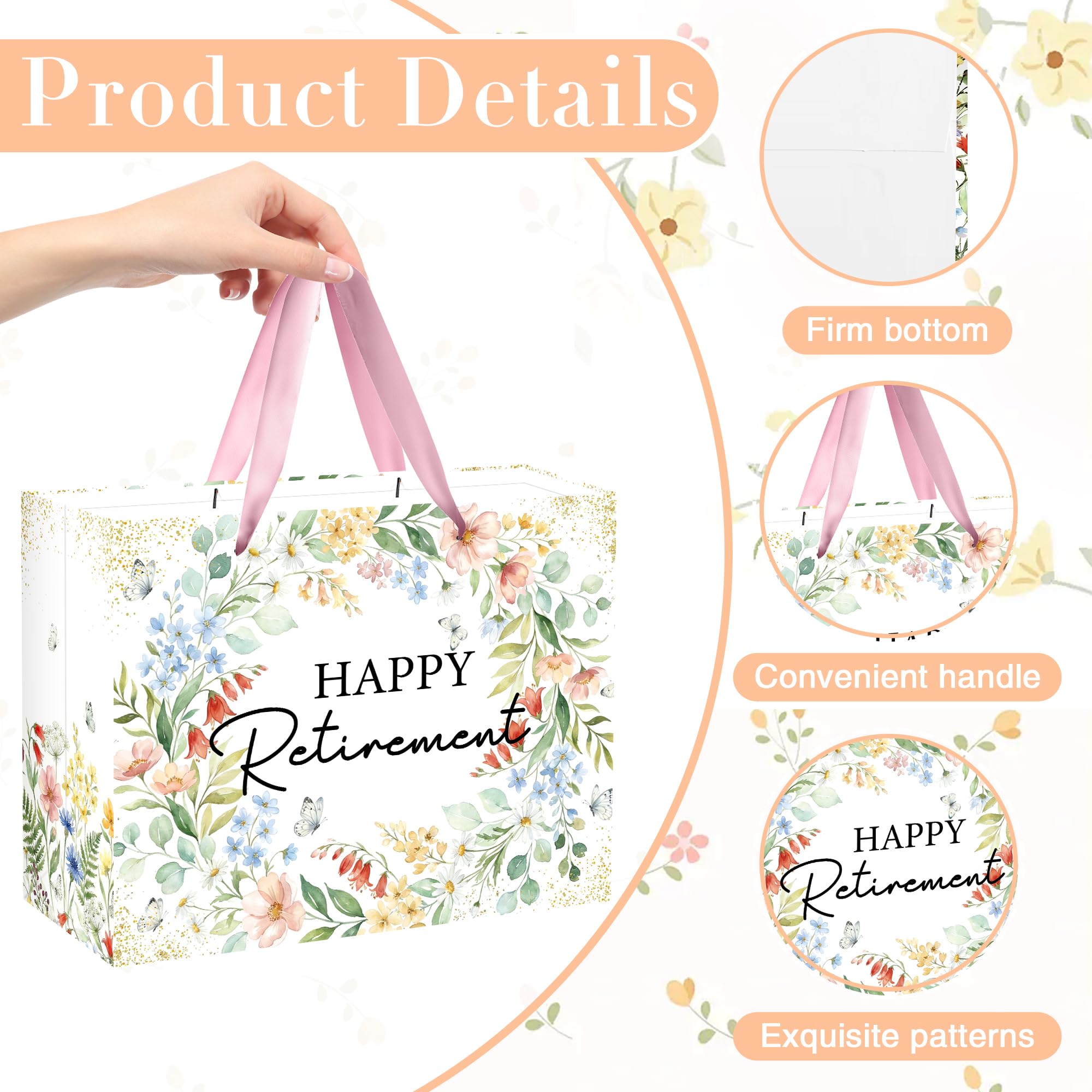 MOIZYNG Retirement Gift Bag with Handles, Tissue Paper and Greeting Card, Floral Happy Retirement Wrapping Paper for Men Women Office Coworker Farewell Going Away Party Favors