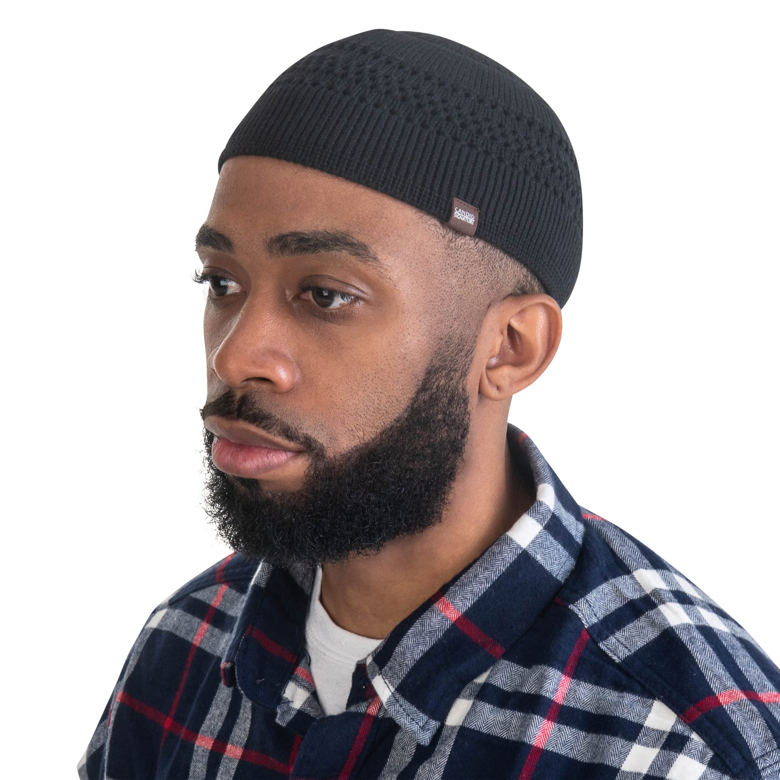 Candid Signature 100% Cotton Skull Cap Chemo Kufi Under Helmet Beanie Hats in Solid Colors and Stripes, Black with Lattice Design