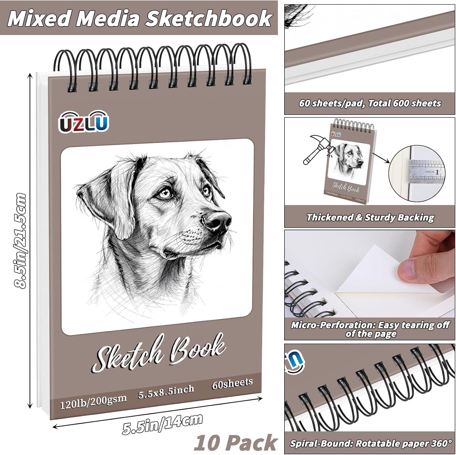 10 Pack 5.5" x 8.5" Heavyweight Sketchbook Bulk 200GSM Very Thick Marker Pad Drawing Paper 600 Sheets Top Spiral Bound Sketch Pad Hardcover Acid Free Mixed Media for Artist Art Supplies Watercolor