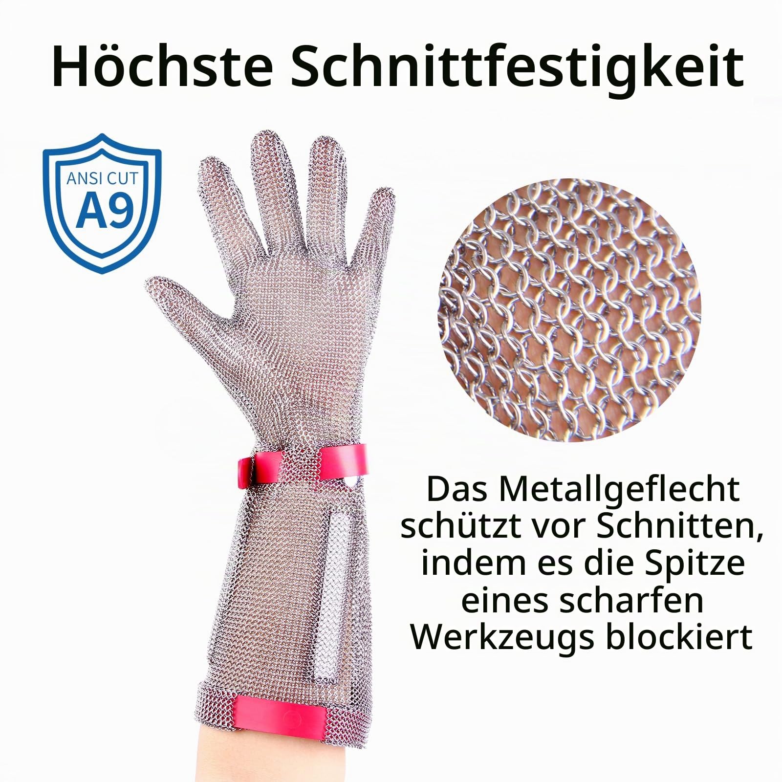 Profi Kettenhemd Handschuh aus Edelstahl, 15cm Lang, Schnittfest mit Kunststoffriemen, für Metzger und Fleischverarbeitung (L)