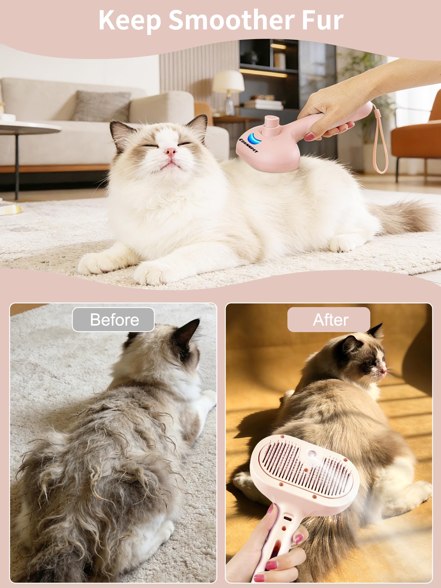 Cepillo de vapor para gatos 3 en 1, cepillo para gatos con botón de vapor y liberación, herramienta de aseo para mascotas de interior, eliminación de pelo, agua para animales pequeños, pelo largo y