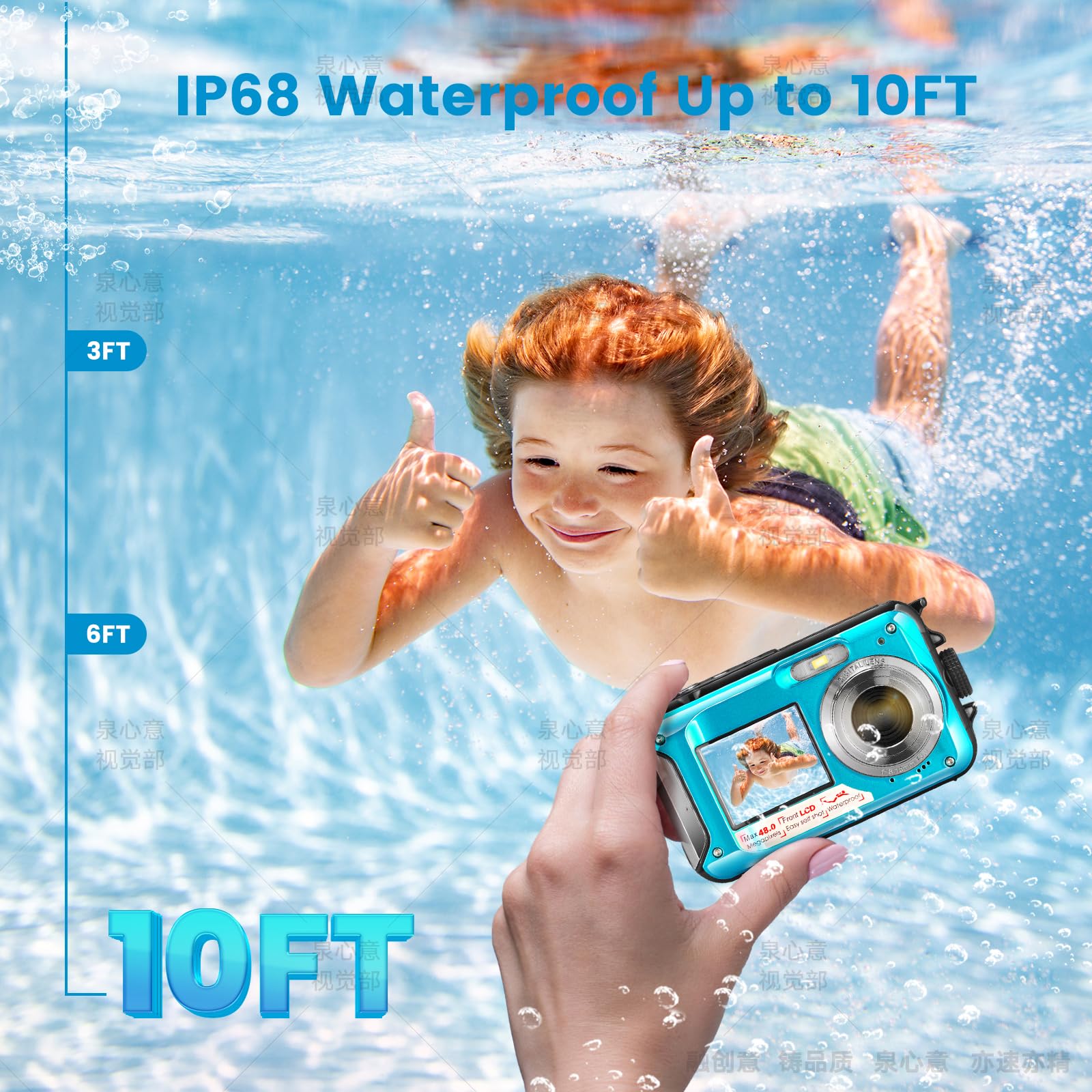 wasserdichte Digitalkamera, 2.7K HD 48MP Unterwasserkamera mit Dualem Display 3M Tauchkamera für Schwimmen, Anti-Shake 16X Digitaler Zoom, Blau