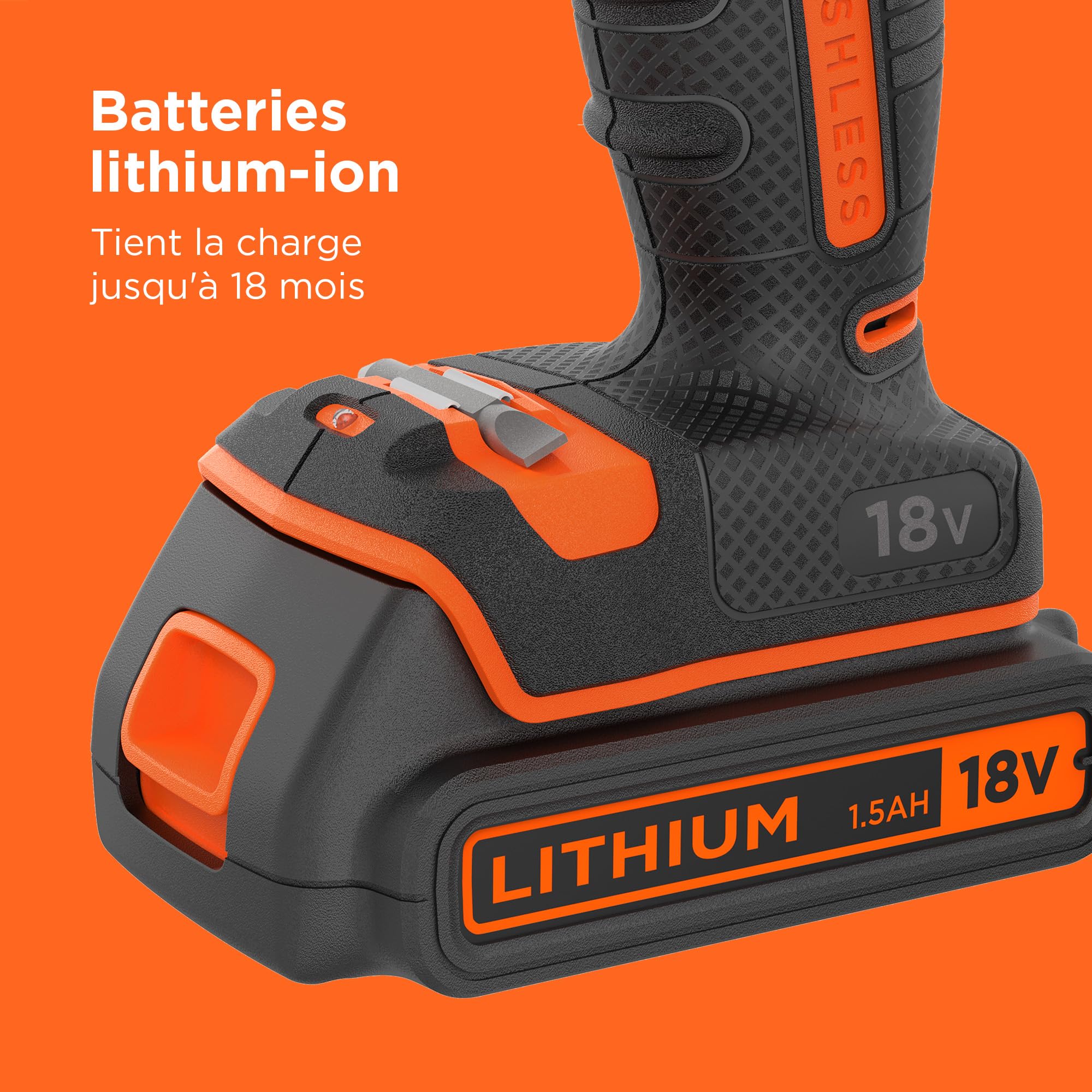 BLACK+DECKER Marteau perforateur sans fil 18V sans balais à 2 vitesses, 28,000 BPM, 52Nm de couple, livré avec 2 batteries de 1.5Ah, chargeur et Kitbox, BL188KB-QW
