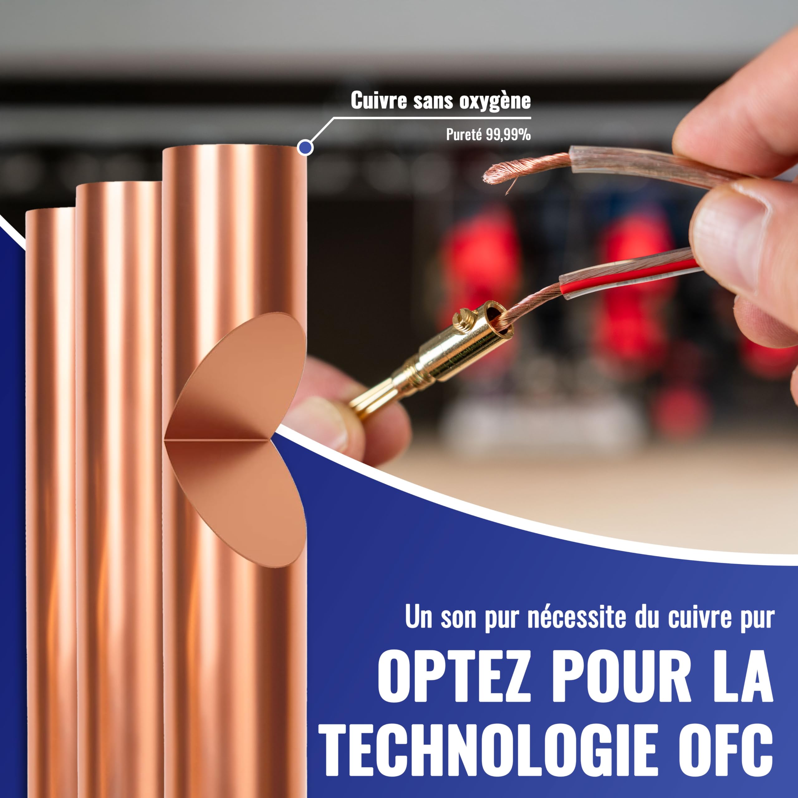 Poppstar Câble de Haut-parleur 50m 2x2,5 mm² (conducteur interne entièrement en cuivre OFC 99,99%, gaine PVC transparente)