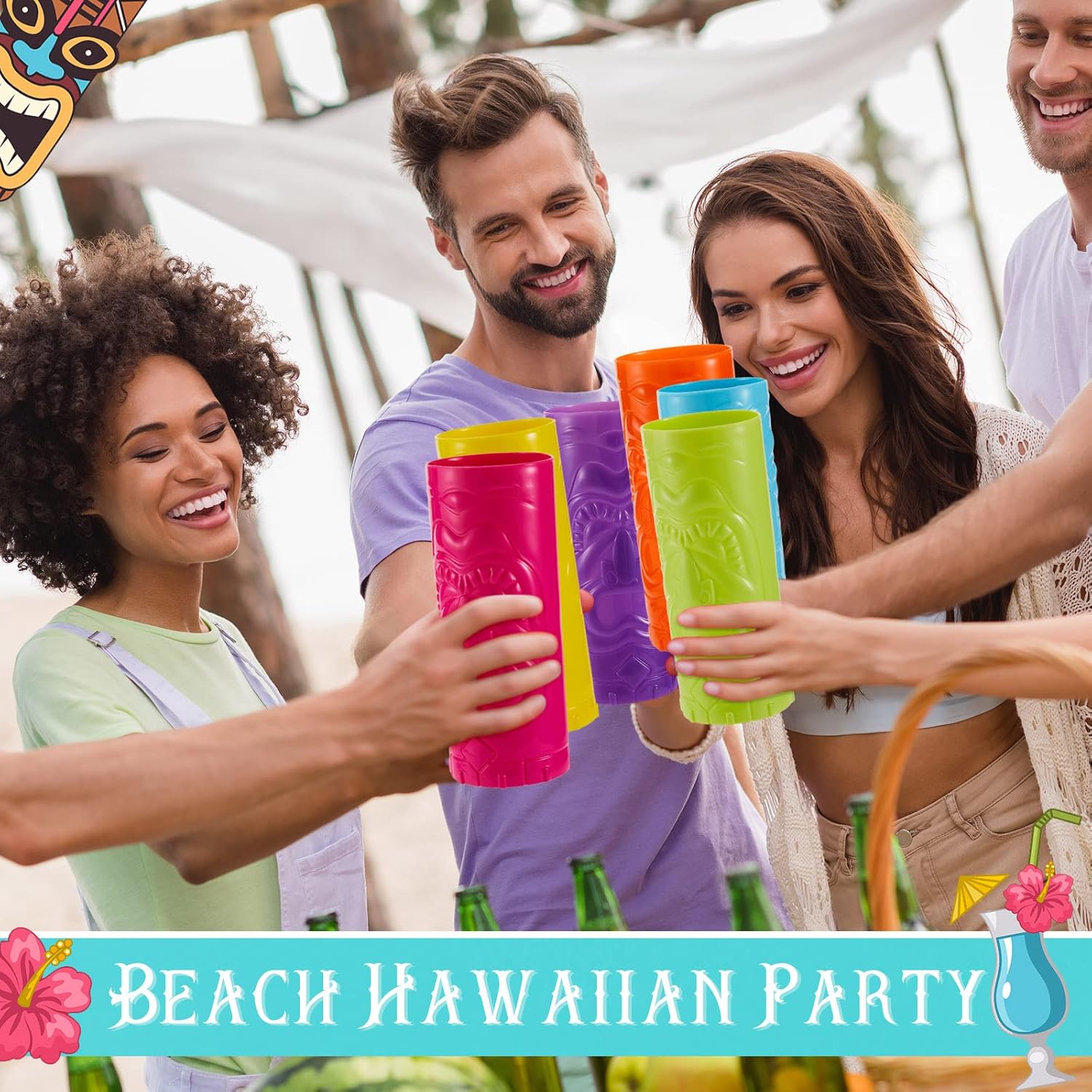Patelai 12 Pcs Plastic Tiki Cups 24 oz Luau Mug Summer Hawaiian Party Decorations for Drinking Bar Cocktail Tumblers Tropical Beach Tiki Totem