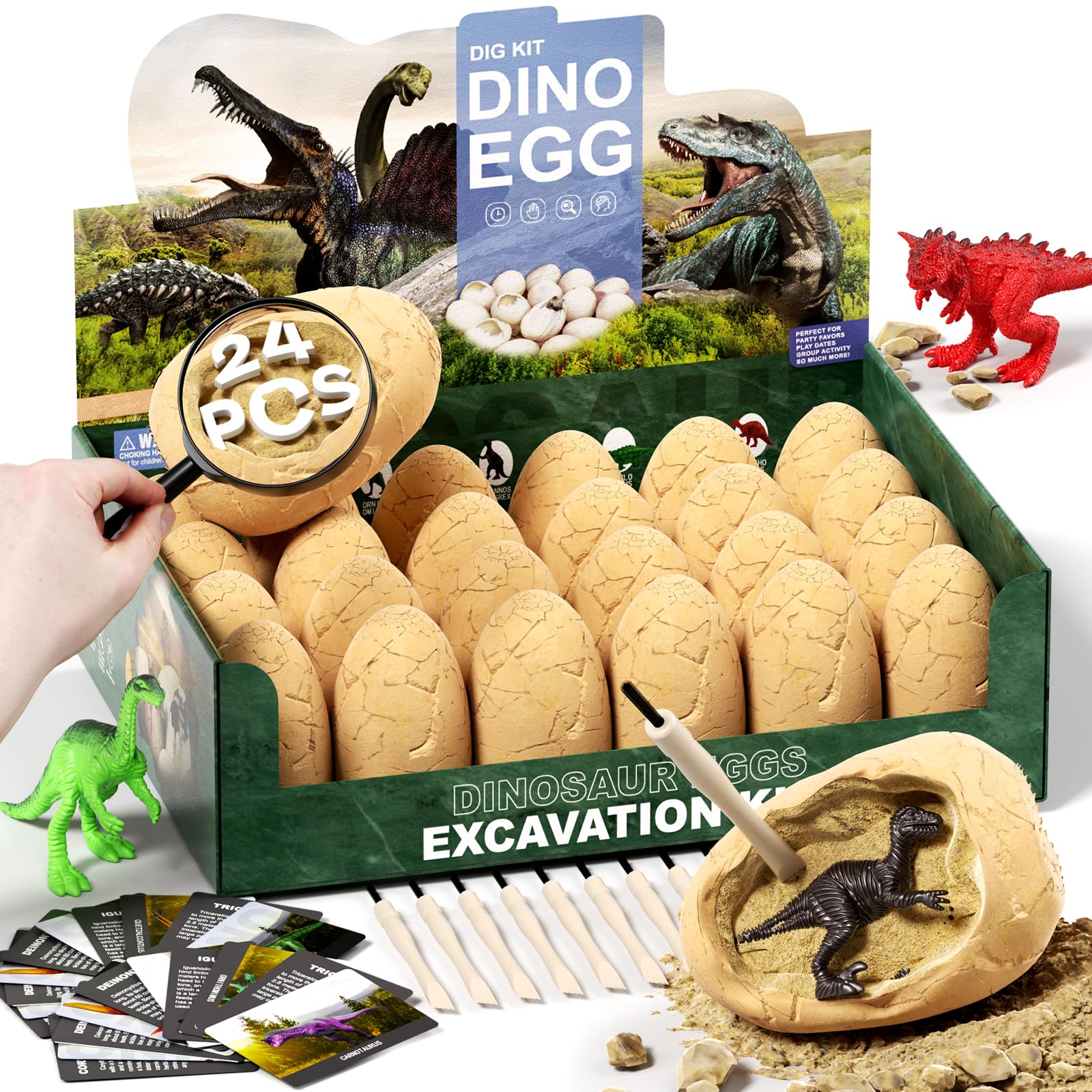Uregoio 24 Dinosaur Eggs Dig Kit Toys for Kids, Surprise Dinosaur Eggs Excavation Kit with Magnifier, Science STEM Christmas Birthday Easter Gifts for Boys Girls Age 3 4 5 6 7 8 9 10 + Years Old