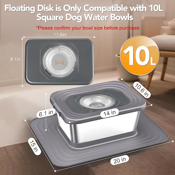 Decflow Square One-Piece Molded Floating Disk for 10L Stainless Steel Dog Water Bowls, No-Spill & Slow Water Feeding Control Insert
