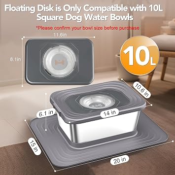 Decflow Square One-Piece Molded Floating Disk for 10L Stainless Steel Dog Water Bowls, No-Spill & Slow Water Feeding Control Insert