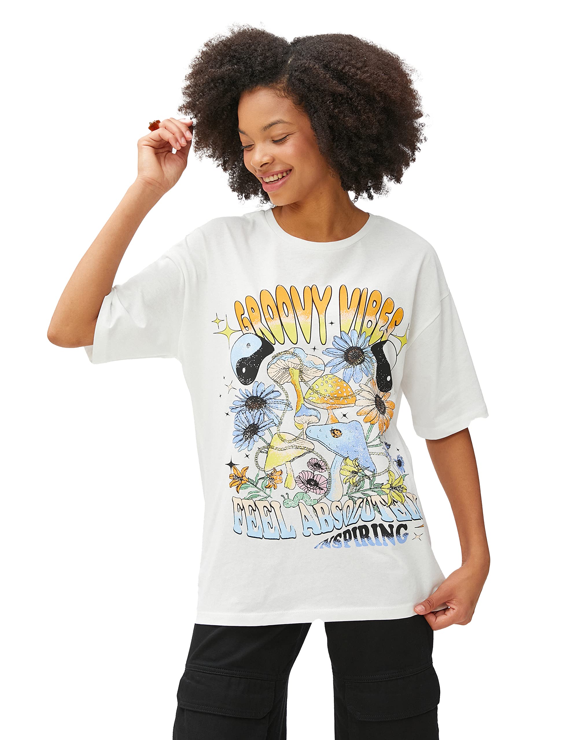 Koton Women's Crew Neck Printed Short Sleeve Cotton T-Shirt, Ecru (010), XS