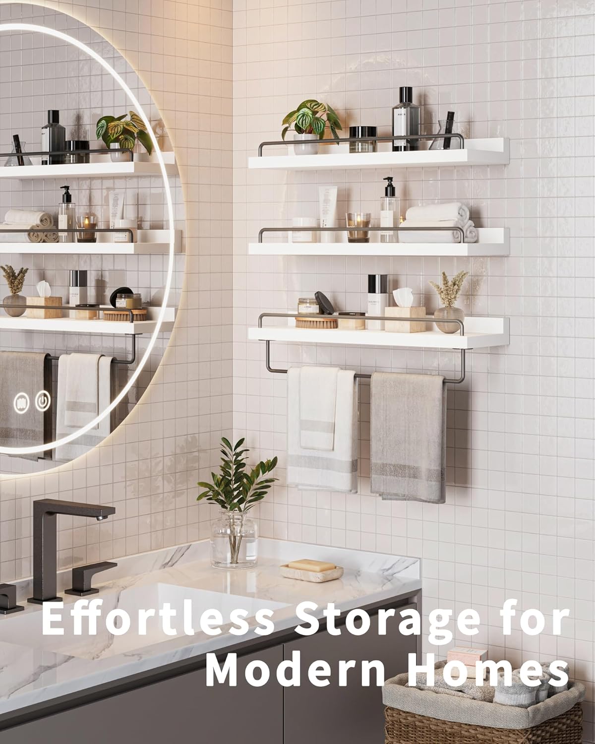 Bathroom Shelves, Wall Shelf Set of 3, Floating Shelves, Shelves for Room Wall, Bathroom Decor (White Gold, 23 Inches)