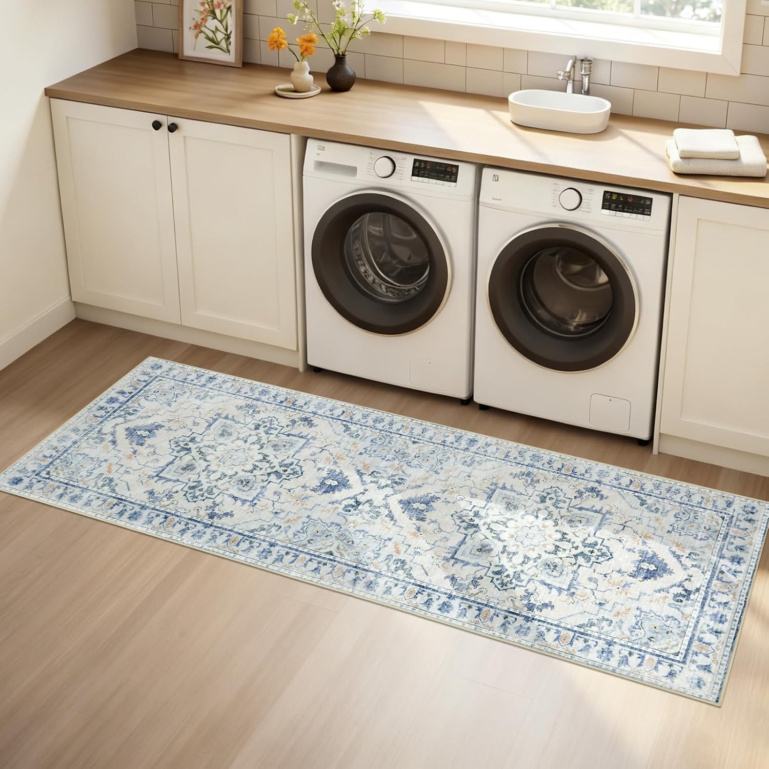 Joydeco Runner Rug 2x5 Non Slip Machine Washable Vintage Hallway Carpet Runner, Low Pile Lightweight Chenille Print Rugs for Entryway, Hallway, Bedroom, Kitchen and Corridor, Blue Grey