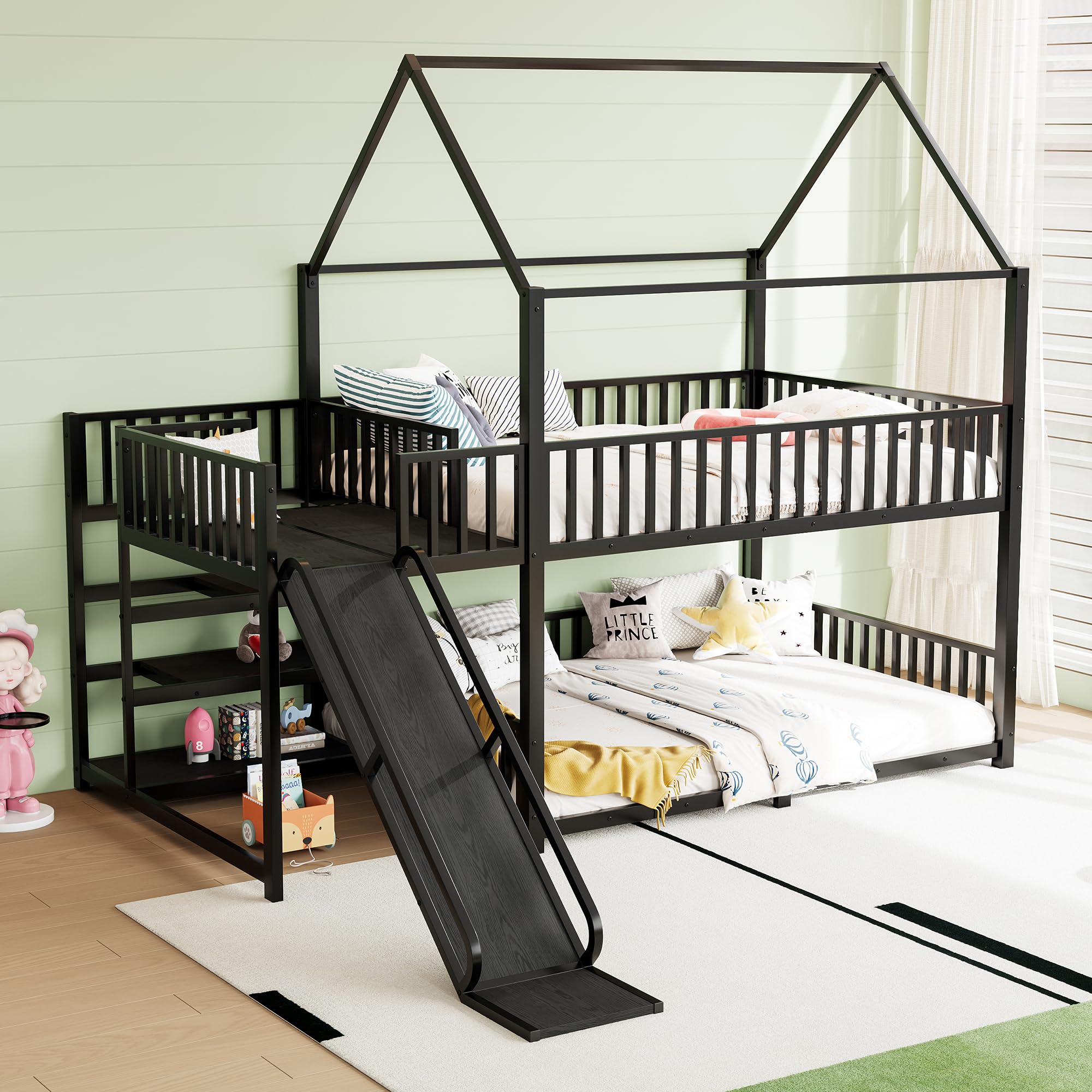 Harper & Bright Designs Full Over Full Bunk Bed with Slide and Storage Stairs, House-Shape-Bed, Heavy Duty Metal Bunk Bed Frame for Kids, Girls, Boys, Black