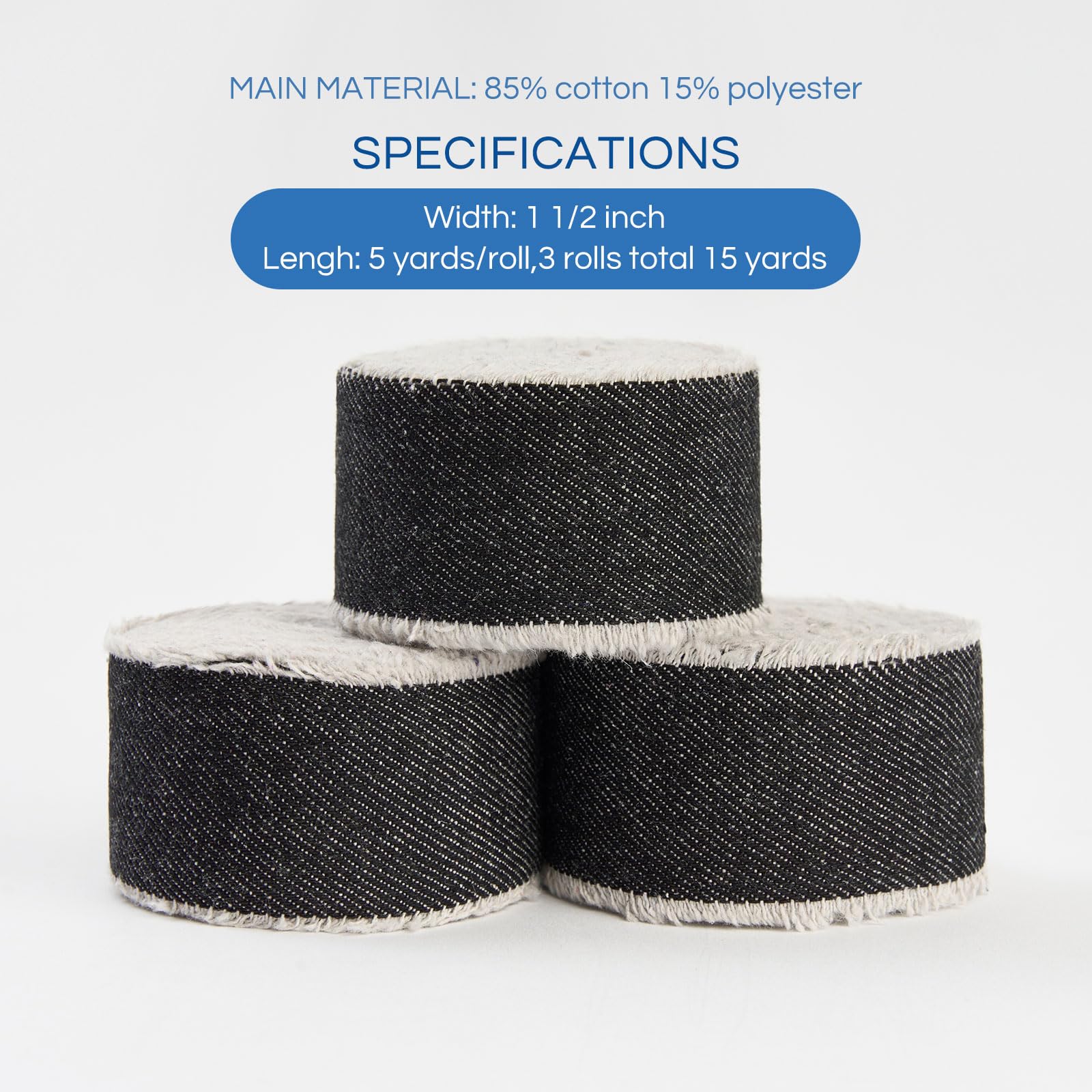 Pretty Jolly Black Denim Ribbon for Gift Wrapping Handmade Rustic Frayed Cotton Fabric Ribbon for Flower Bouquet Total 15 Yards 1 1/2 Inch Ribbons for Crafts Hair Wedding Invitation Holiday Decor - Image 2
