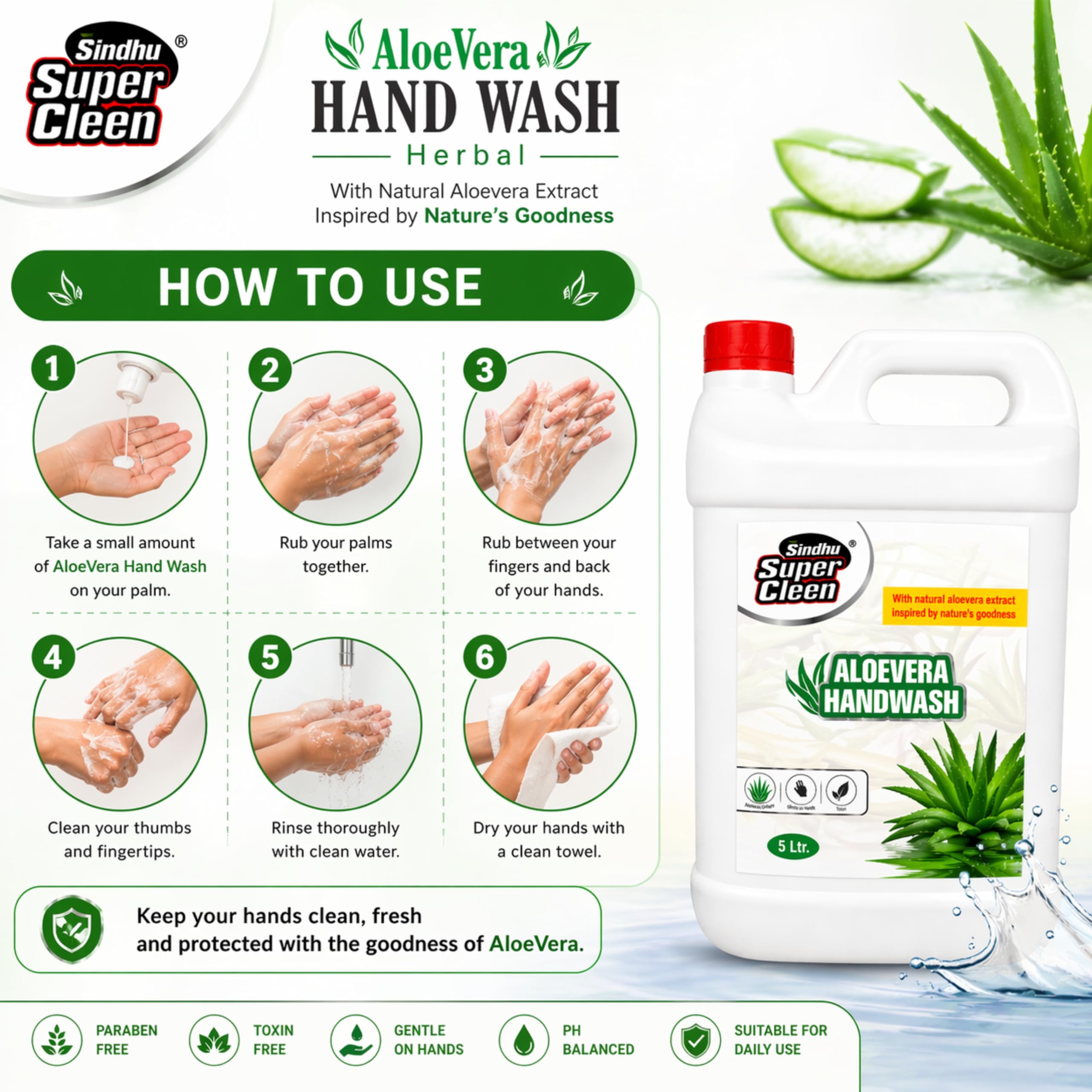 SINDHU SUPER CLEEN Handwash Liquid Aloe Vera 5 Litre | Liquid Hand Wash for Daily Hand Cleaning | Bulk Pack for Home, Office, Kitchen & Bathroom Use 2