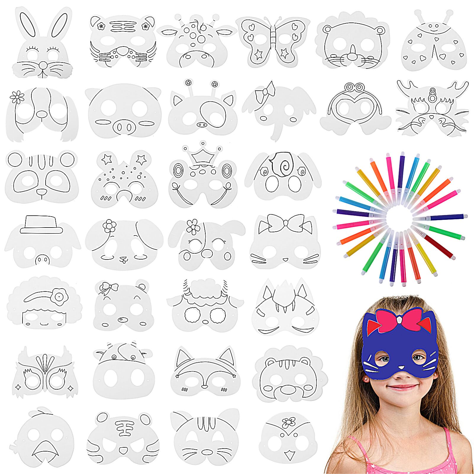 TOYANDONA 32pcs DIY Animal Masks - Farm, Jungle & More with 24pcs Watercolor Pens for Kids Birthday & Halloween