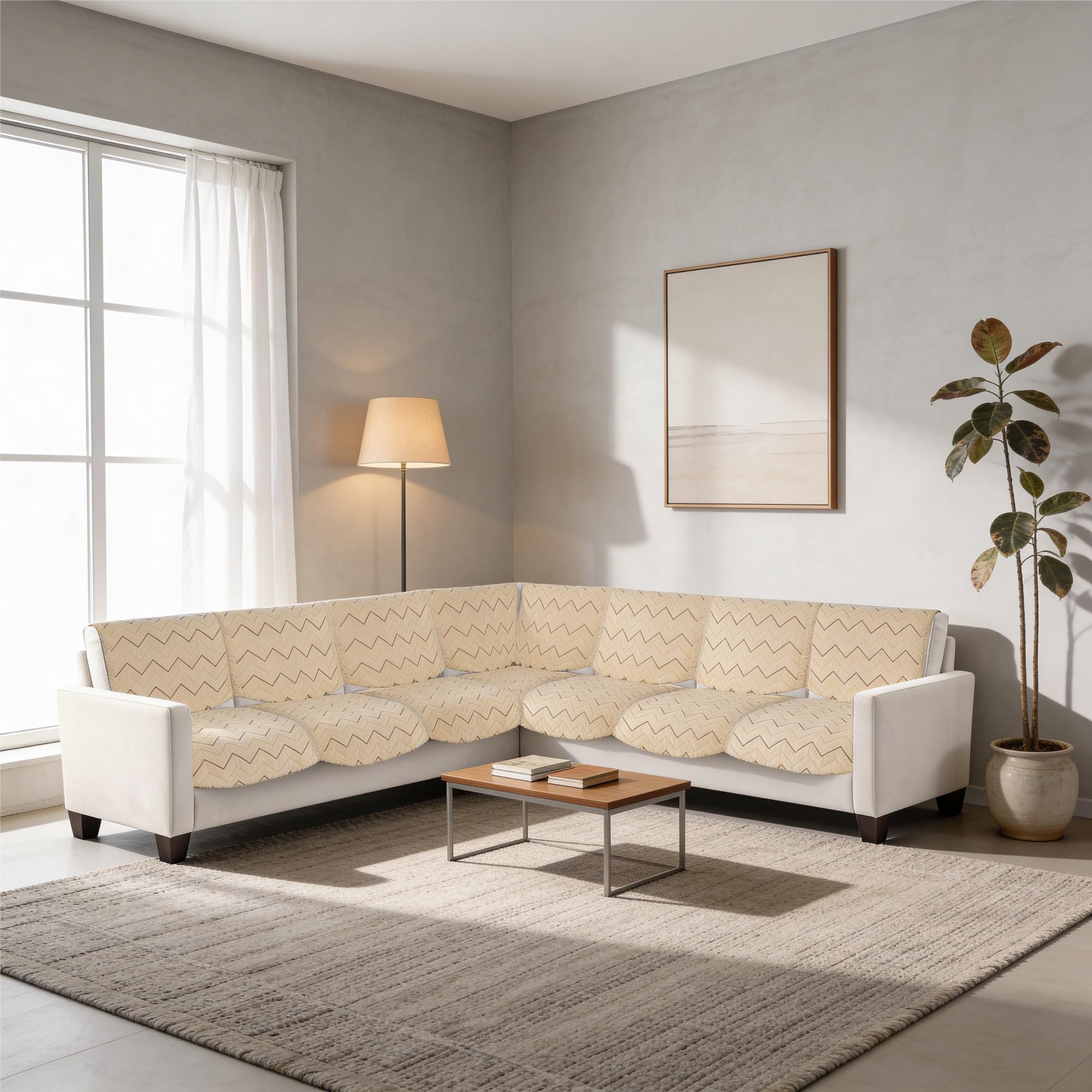 Beige Premium Holland Velvet Sofa Cover with Microfiber Filling, Anti-Skid Backing & Zigzag Designer Stitching | Soft Plush Washable 6 Seater L Shape Sofa Mat Couch Protector-image-27