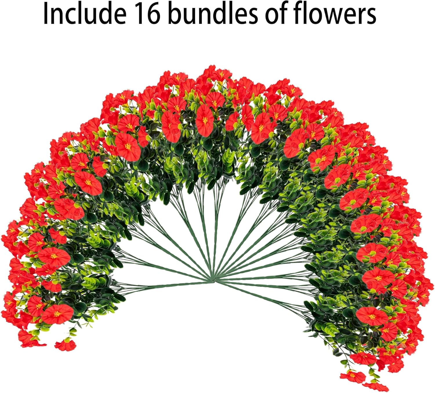 Artificial Outdoor Flowers 16 Bundles Fake Morning Glory Flower Outdoor UV Resistant Plastic Faux Flowers Plants for Decoration Indoor Outdoor Hanging Window Box Planter Home Porch Decor (Red)