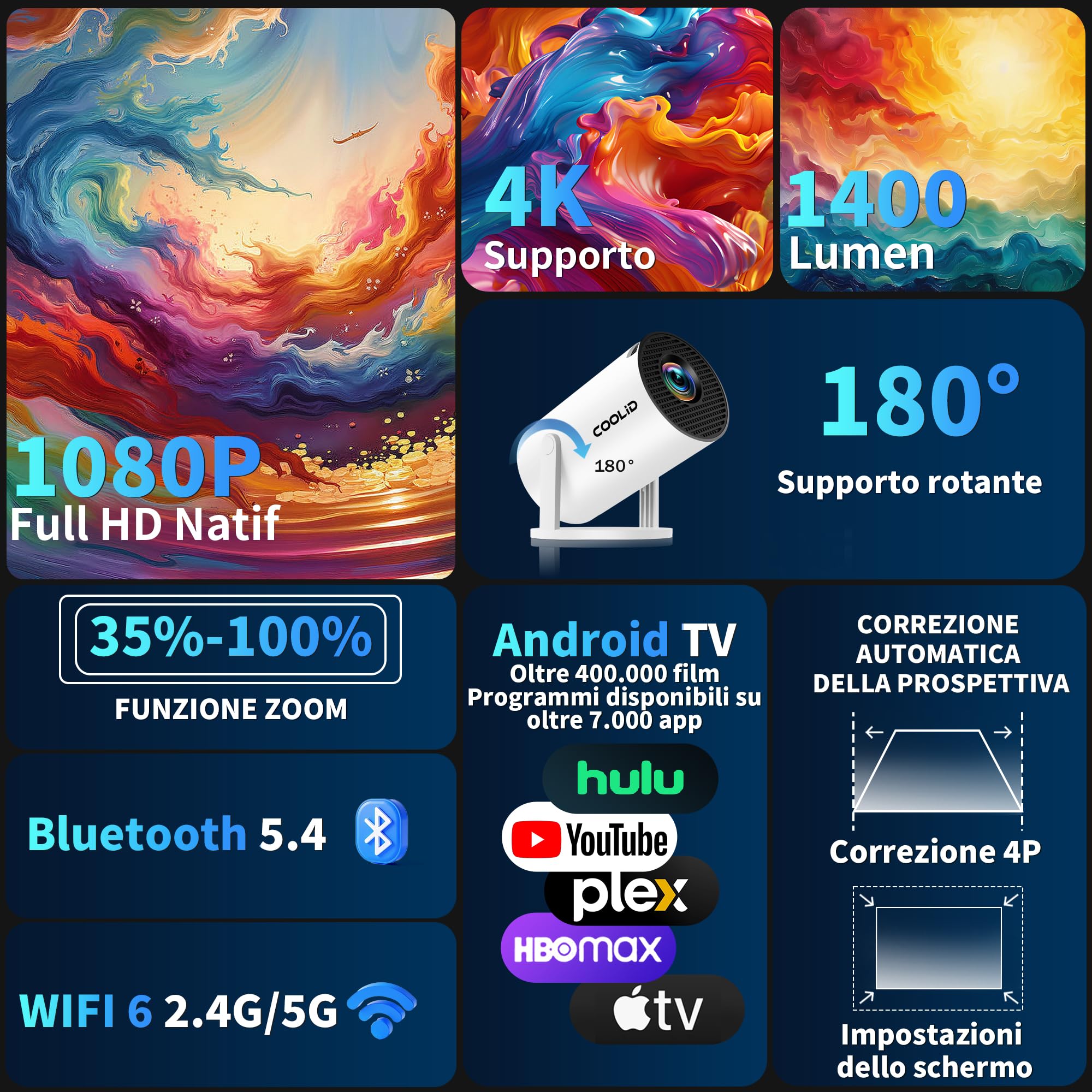 Mini Proiettore [App Integrata & 2026 Upgraded] Proiettore Portatile 4K 1080P con 5G WiFi 6 e BT 5.4 Supporta Rotativo 180° Correzione Trapezoidale Automatica Applicabile TV Stick/USB/HDMI,Bianco