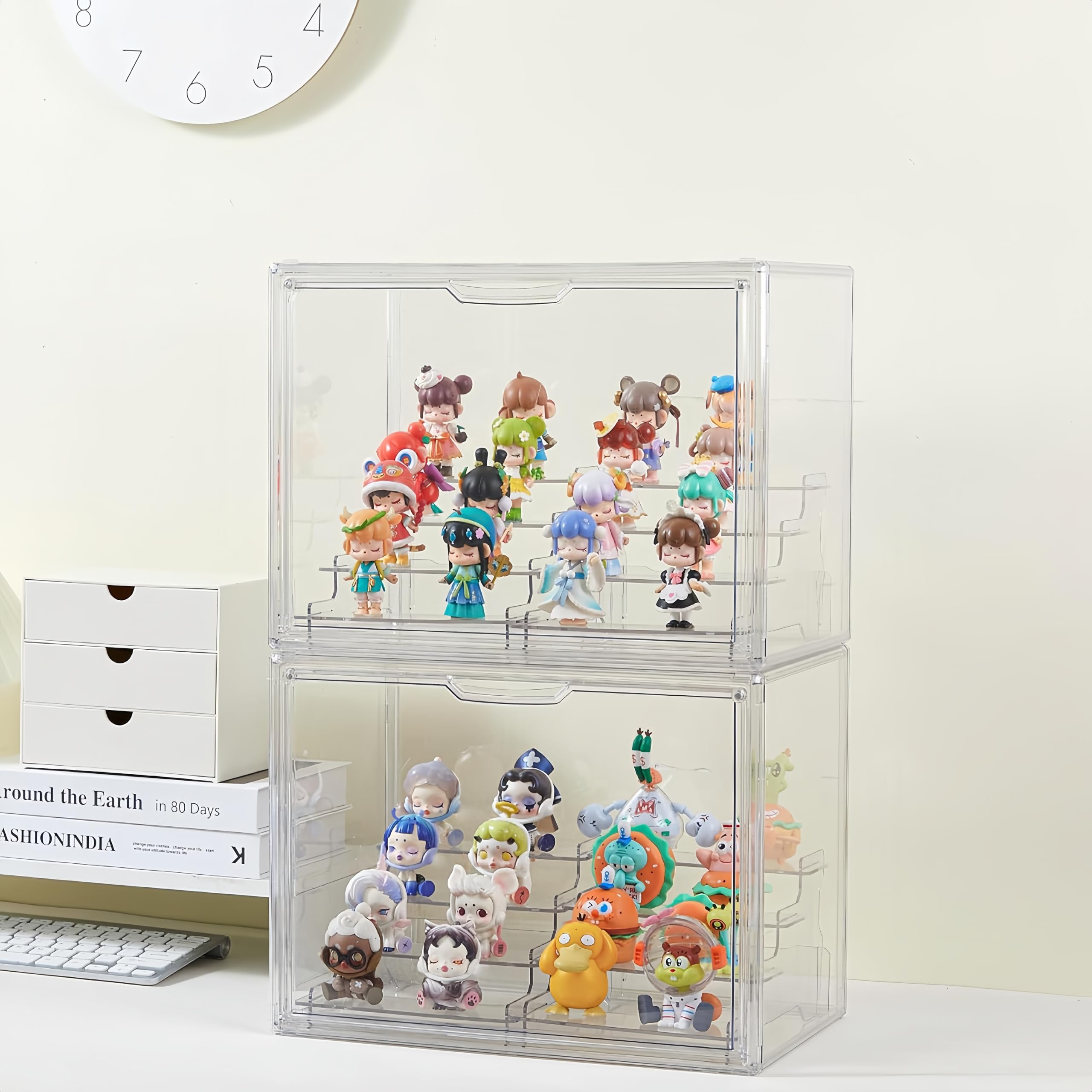 Vitrine en acrylique avec 2 supports de présentation pour figurines avec porte magnétique pour objets de collection, mini figurines Popmart en acrylique