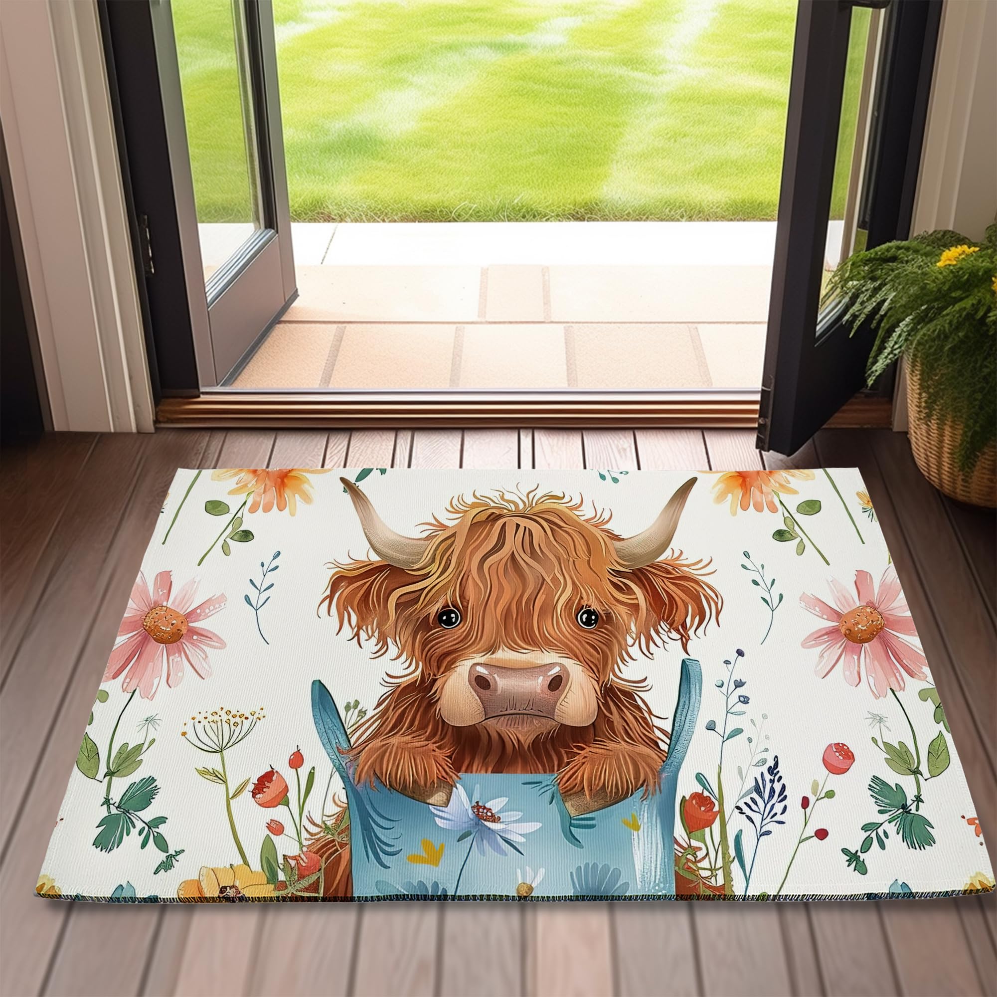 Doormat Highland Cow Door Mat,Cute Flowers Indoor Front Doormats for Home Entrance,Non-Slip Floor Mats for Porch Entryway Outdoor,Easy Clean,17x 30