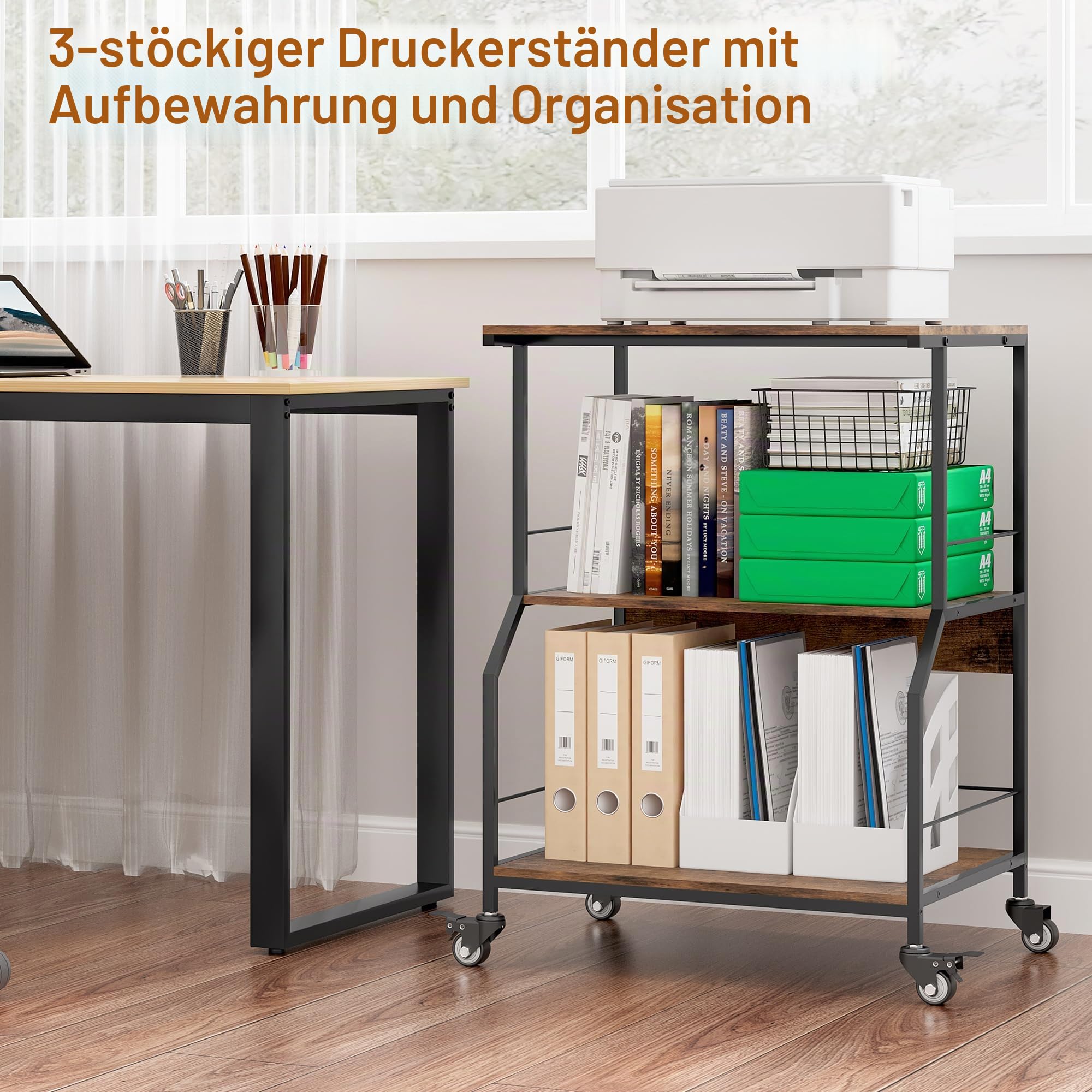 TQVAI Druckertisch mit Rollen 3-Stufig Groß Holz Druckerständer Schreibtisch Aufbewahrungsregal Printer Table für Zuhause Büro Küche Schule, Schwarz/Antik