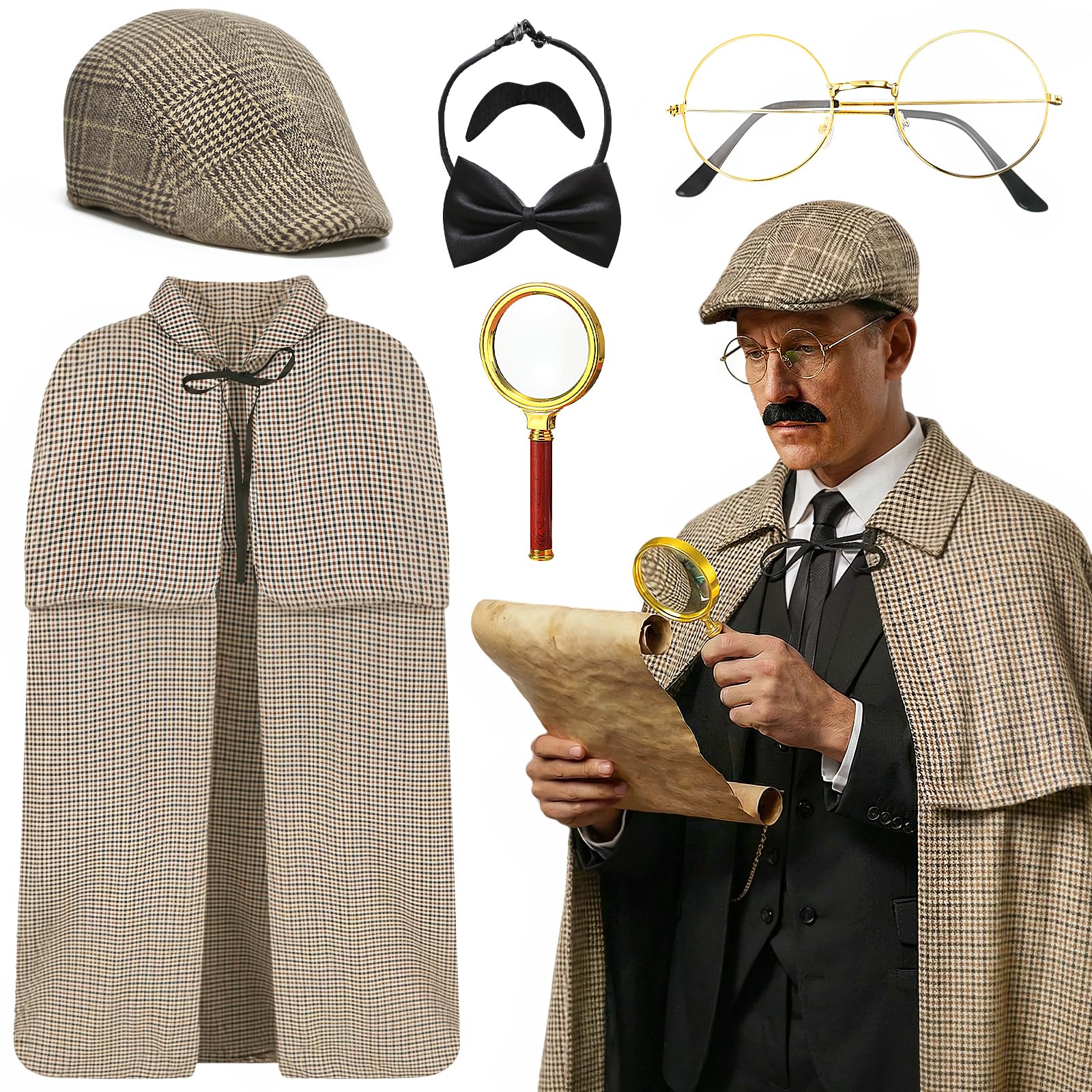 6Pcs Detective Costume Accessories Set for Adult, Victorian Detective Fancy Dress Kit with Cape Hat Glasses Magnifier Bow tie Fake Beards for Halloween Carnival Cosplay Mystery Parties Role Play