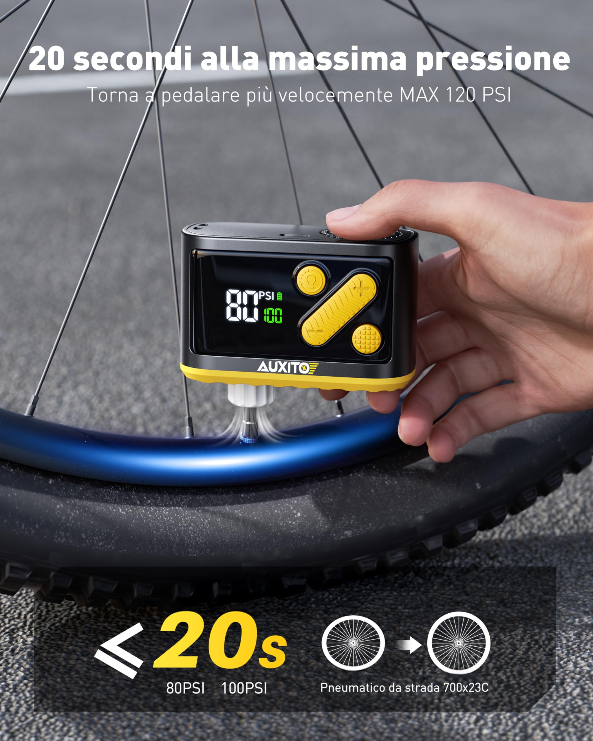 AUXITO Pompa Per Bicicletta Portatile,Pompa Elettrica da 120 PSI Con Adattatore Per Valvola Presta e Schrader,Accessorio Per Bicicletta per Bici da Strada,Mountain Bbike,Bici Elettrica, Motocicletta