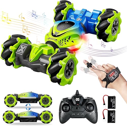 Enopdmb Auto de acrobacias RC con sensor de gestos con música ligera, control remoto, 30 minutos de tiempo de reproducción, rotación de doble cara,