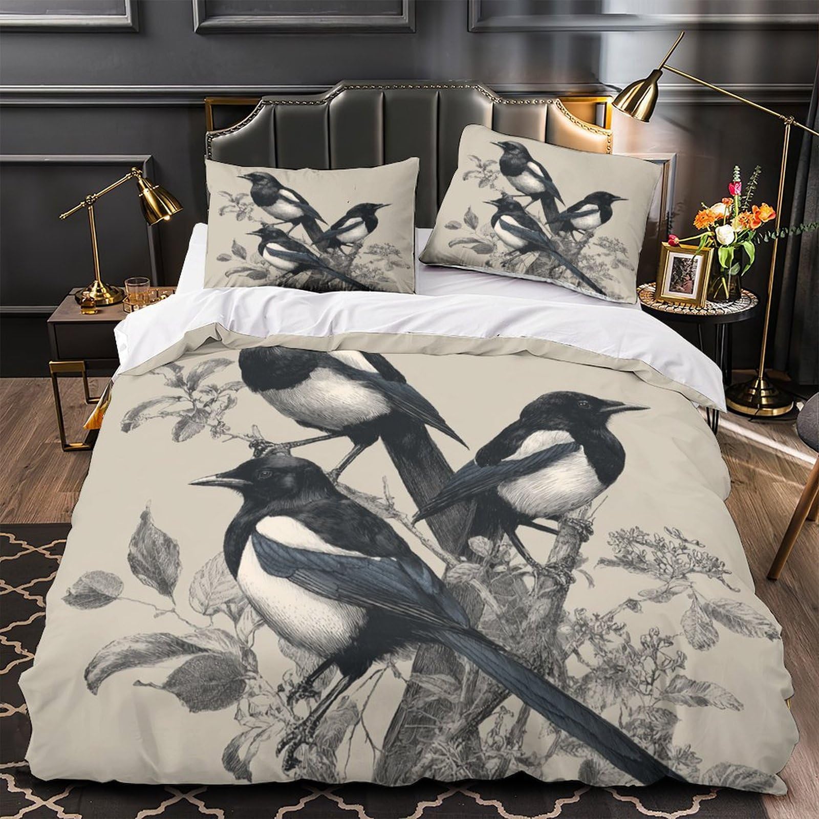 3D Printed 3-Piece Bedding Set Home Decor Hidden Zipper Extra Magpie Birds Duvet Cover Washable Wrinkle-Resistant for Teenagers,Boys,Adults Black White Avian Comforter Cover Single（140x200cm）