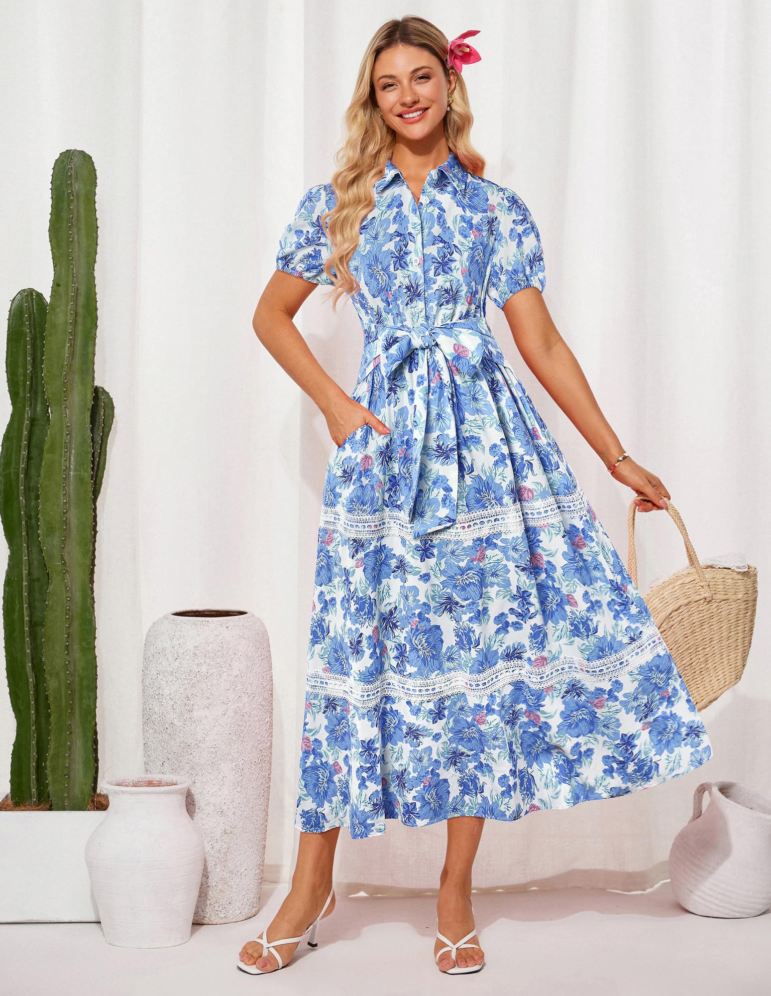 GRACE KARIN Women's 2026 Summer Floral Flowy Dresses Boho Tie Belt Short Puff Sleeve A Line Maxi Shirt Dress with Pocket