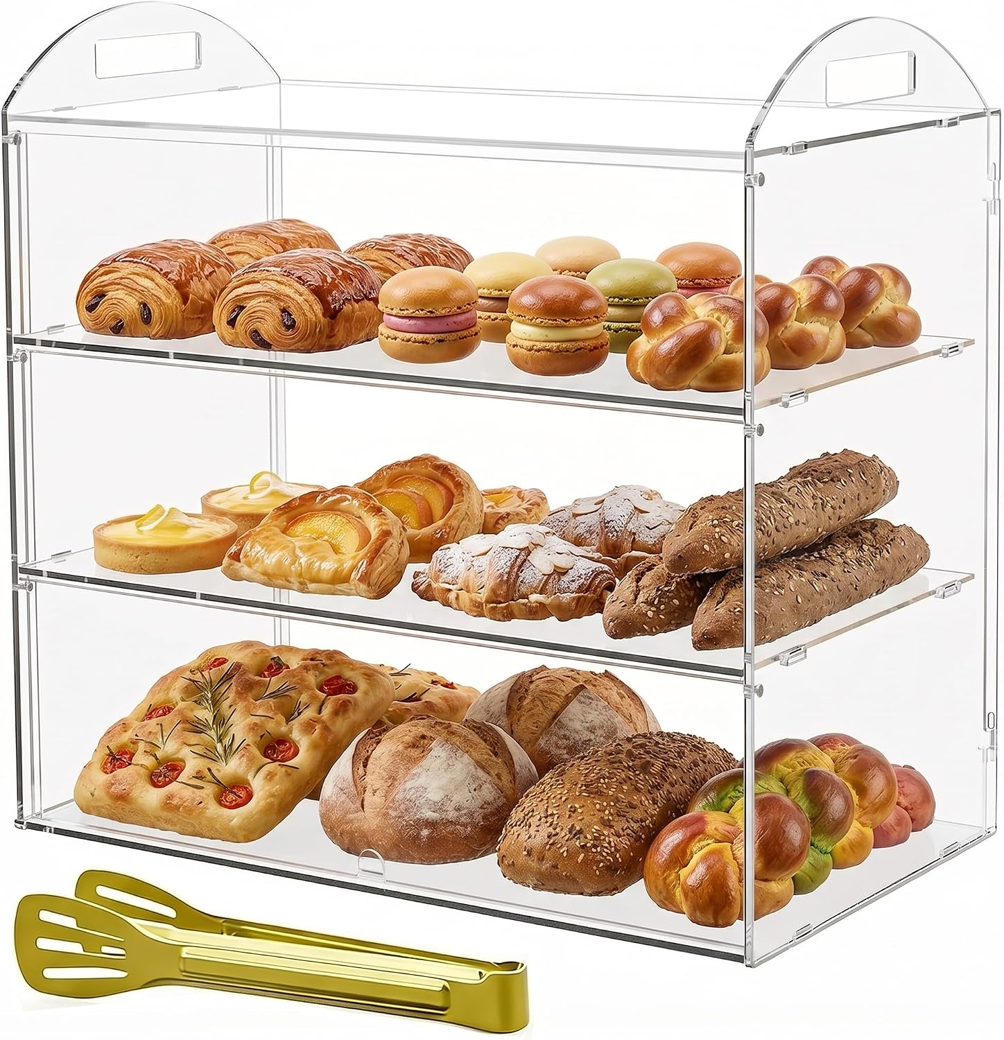 3 Tier Bakery Display Case with Handle, Countertop 23.6" L x11.8 W x19.7 H Commercial Pastry Display Case, Acrylic Clear Food Display Box for Dessert Donut Bagels Cake Cookie