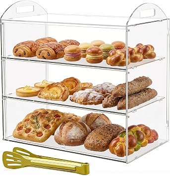 3 Tier Bakery Display Case with Handle, Countertop 23.6" L x11.8 W x19.7 H Commercial Pastry Display Case, Acrylic Clear Food Display Box for Dessert Donut Bagels Cake Cookie