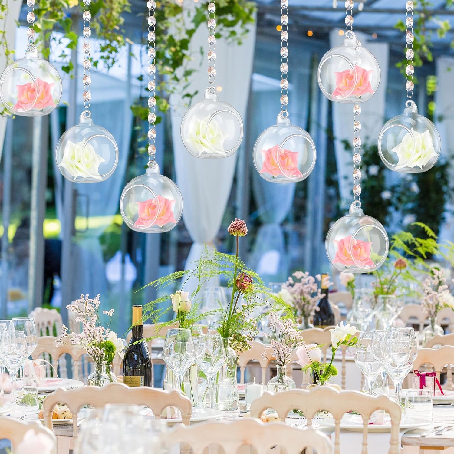 12 juegos de globos de cristal colgantes para boda, portavelas de cristal con gemas acrílicas, guirnaldas y flores, terrario de 2.36 pulgadas para decoración de árbol de boda, fiesta 5