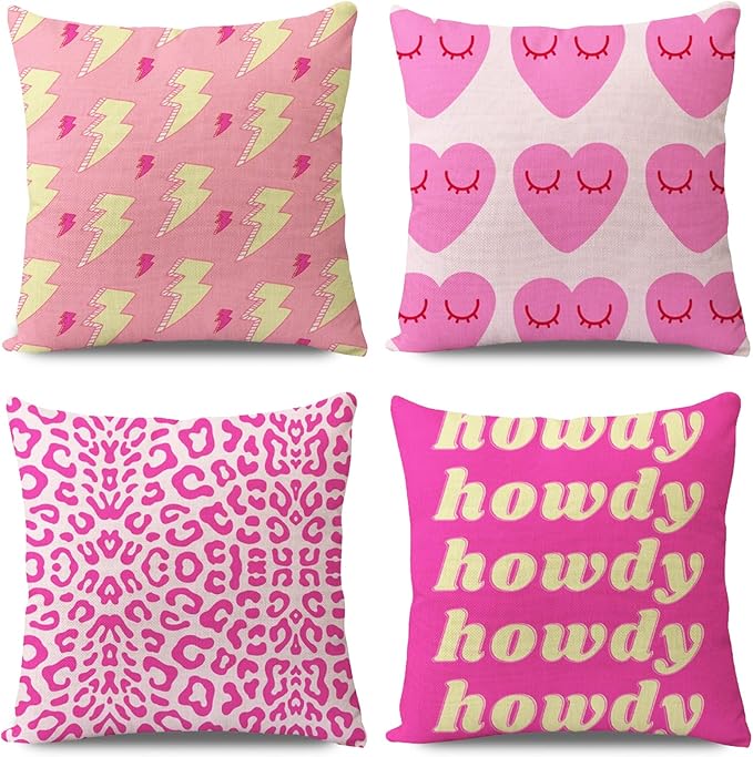 Preppy Throw Pillow Covers Set of 4, Hot Pink Preppy