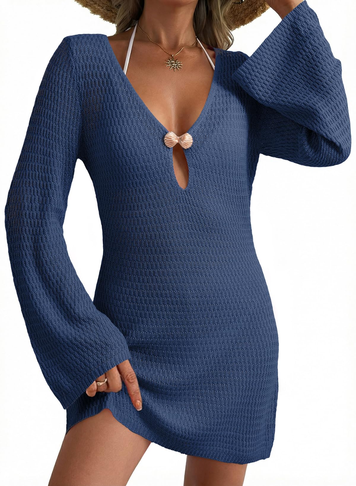 Dokotoo Beach Cover Ups for Women Sexy Deep V Neck Crochet Swimsuit Knit Hollow Out Cover Up Dress