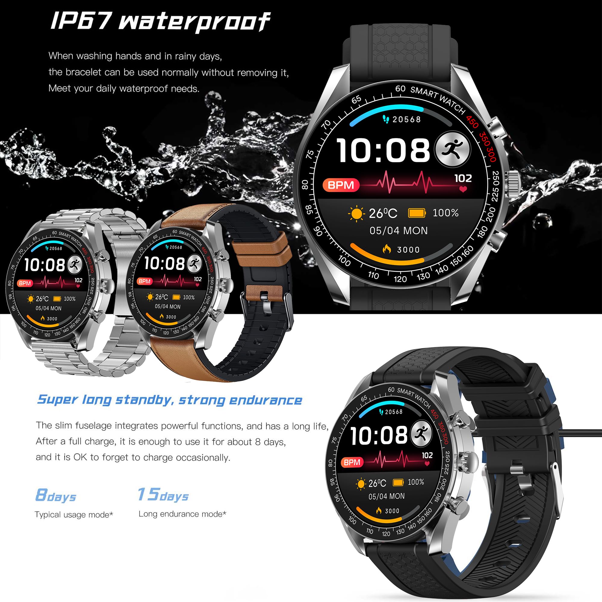 Reloj Inteligente Hombre con Llamada y Whatsapp, 1,39" AMOLED 5ATM Impermeable Reloj Smartwatch 123 Deportivo Hombre con Oxígeno Sanguíneo, Monitor Sueño, Podómetro, Pulsómetro Android iOS (Plata)