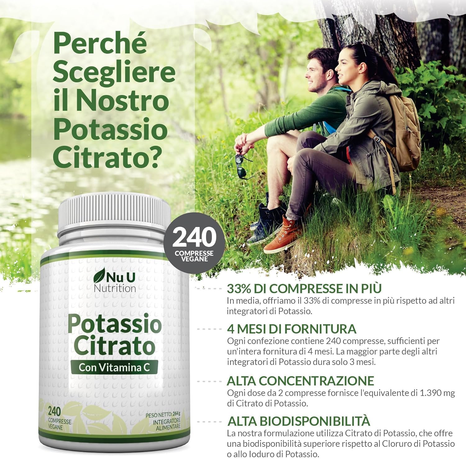 Potassio 1550 mg & Vitamina C - 240 Compresse Vegane - 4 Mesi di Scorta - Citrato di Potassio ad Alta Potenza - Prodotto in Europa - Nu U Nutrition