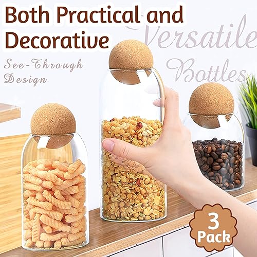Miniatura 7 de 3 tarros de vidrio con bola redonda de corcho, botellas de vidrio transparente de corcho con recipientes de vidrio de corcho para alimentos, café,