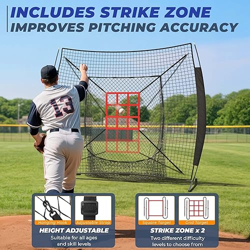 Miniatura 3 de Red de béisbol, 7x7 pies de béisbol y sóftbol con zona de golpeo para práctica de bateo, lanzamiento y fildeo, montaje rápido, portátil, con bate de