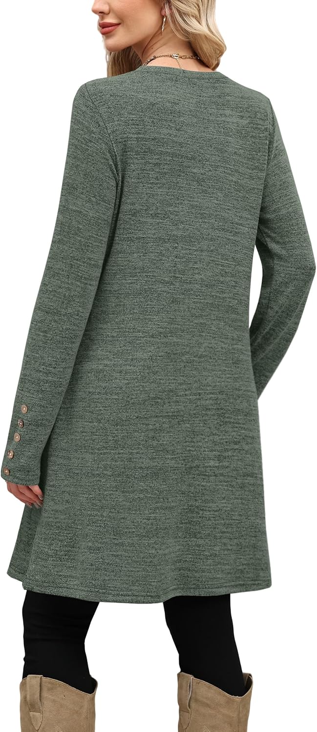OFEEFAN Long Sleeve Dress for Women Crew Neck Tunic Dress with Pockets Decorative Buttons - Image 4